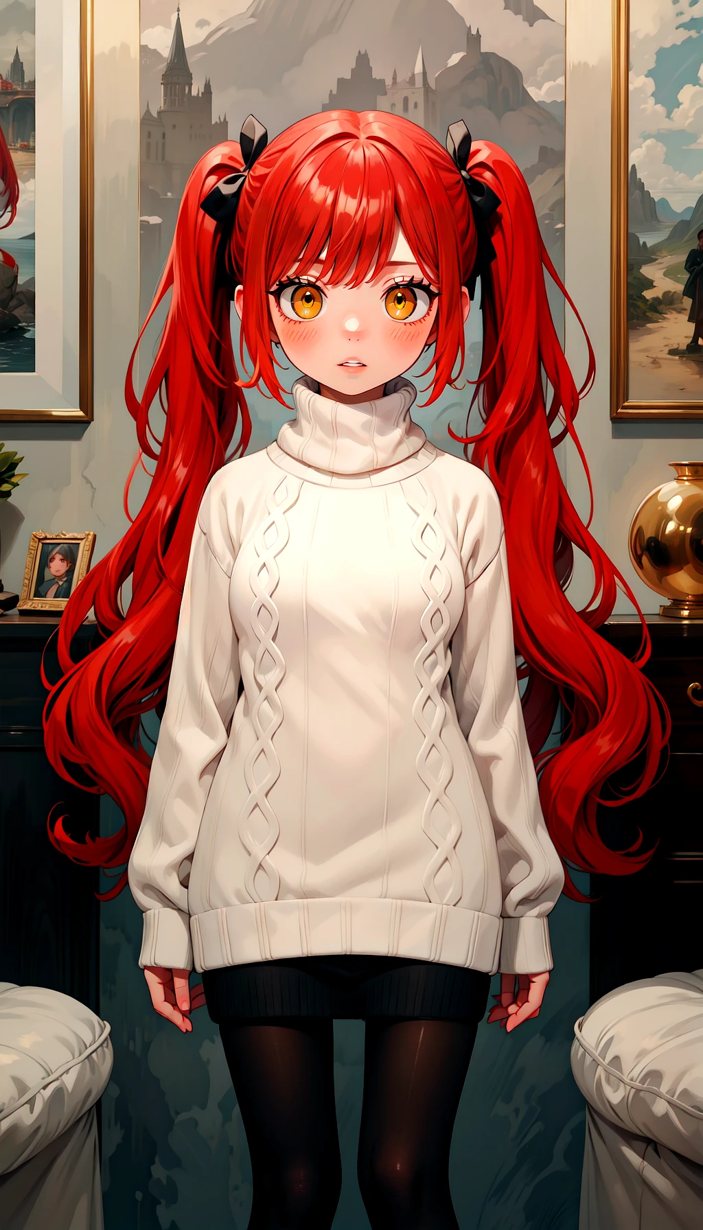 masterpiece, best quality, ultra-detailed, cinematic,wide shot,
1girl,solo,red hair,twintails,very long hair,yellow eyes,turtleneck sweater,pantyhose,sweater dress,parted lips,blush,looking at viewer,white sweater