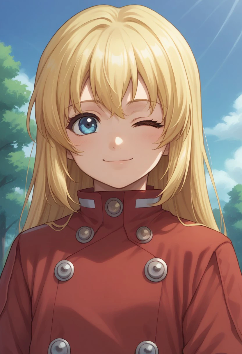 score_9, score_8_up, score_7_up, source_anime, highly detailed, 
colette, blonde hair, long hair, solo, 1girl, blue eyes, wink, 
shirt, red shirt, smile, upper body
outdoor, sky, tree