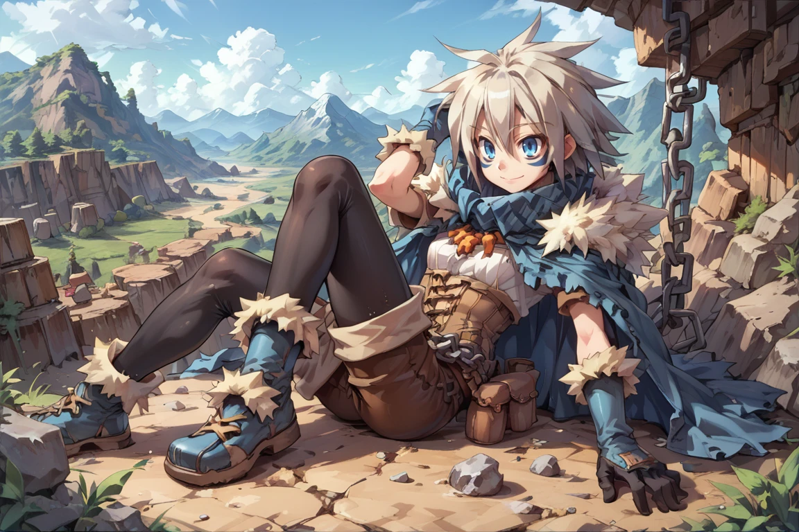 (score_9, score_8_up, score_7_up, score_6_up), source anime, BREAK, solo, <lora:Milanor:0.7> , miladef, 1boy, grey hair, spiked hair, blue eyes, blue facial mark, fur trim, blue cloak, gloves, white corset, chain belt, brown shorts, leggings under shorts, black leggings, blue footwear, exterior, outdoors, canyon, mountains, cliffs, valleys, wasteland, resting, on back,  seductive, smile, closed mouth, <lora:cr33pp41ntXLP:0.3> , cr33pp41nt, hands on own head, <lora:zy_Detailed_Backgrounds_v1:0.5> , detailed background, highly detailed,   <lora:backgroundsetXL:0.4> , background,