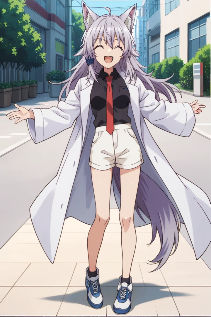 labcoat black shirt white shorts red necktie, ag-wolfbete, wolf tail, medium breasts, 1girl, solo, skinny, masterpiece, high quality, (full body), outdoors, happy, score_9, score_8_up, score_7_up, source_anime, anime, anime style <lora:ag-wolfbete-pony-V03-000003:0.60>