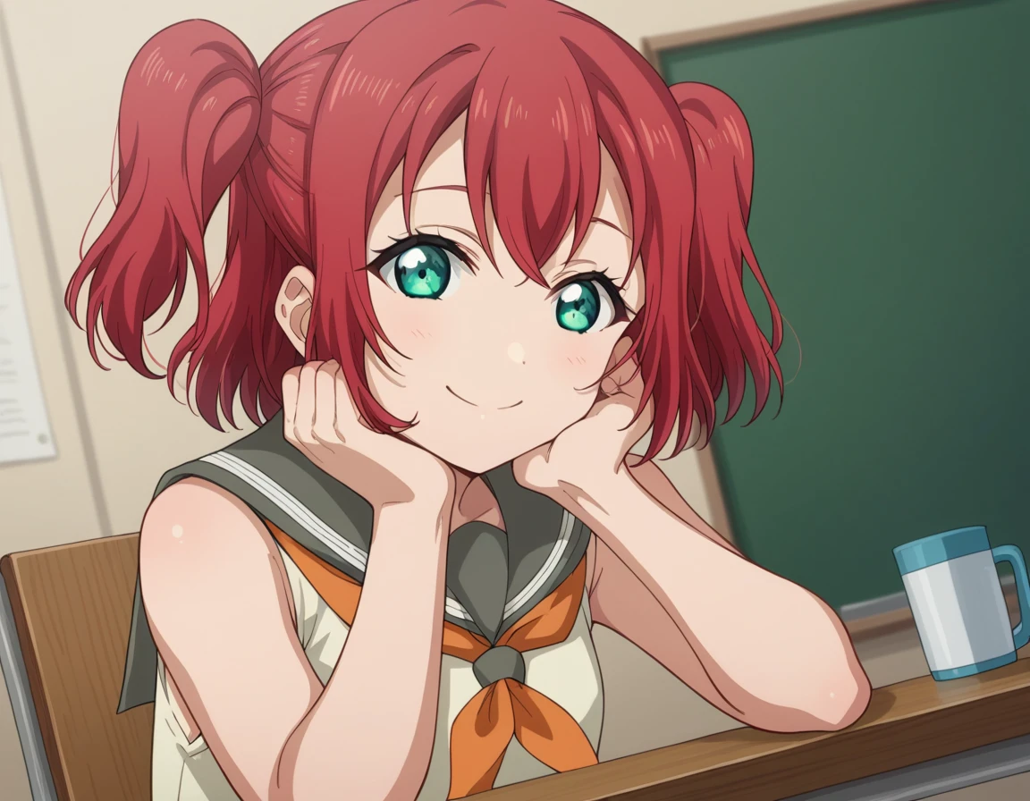 score_9, score_8_up, score_7_up, source_anime, <lora:ruby-kurosawa-s2-ponyxl-lora-nochekaiser:1>, ruby kurosawa, short hair, bangs, green eyes, red hair, aqua eyes, two side up,, shirt, school uniform, white shirt, serafuku, neckerchief, uranohoshi school uniform, orange neckerchief, sleeveless, skirt, pleated skirt, grey skirt,, indoors, smile, looking at viewer, solo, sitting, head rest, table,, cowboy shot, dutch angle