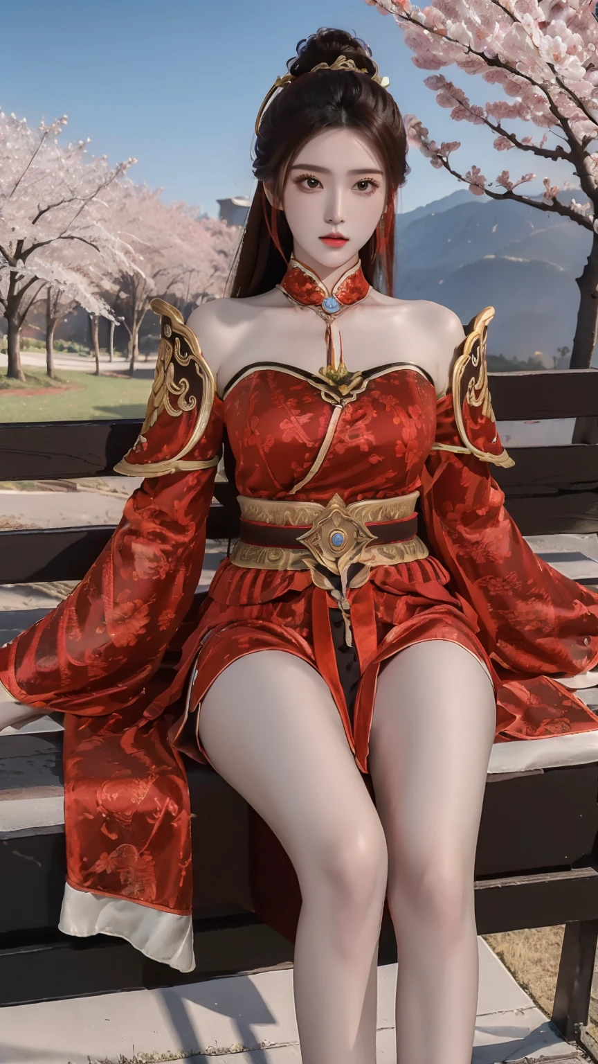 masterpiece,(bestquality),ultra-detailed,photorealistic,1girl,solo,accessories,<lora:Kamael Martial outfit:0.7>,<lora:lu xueqi mix:0.6>,Kamael Martial outfit,outdoor,bare thighs,cherry blossoms,