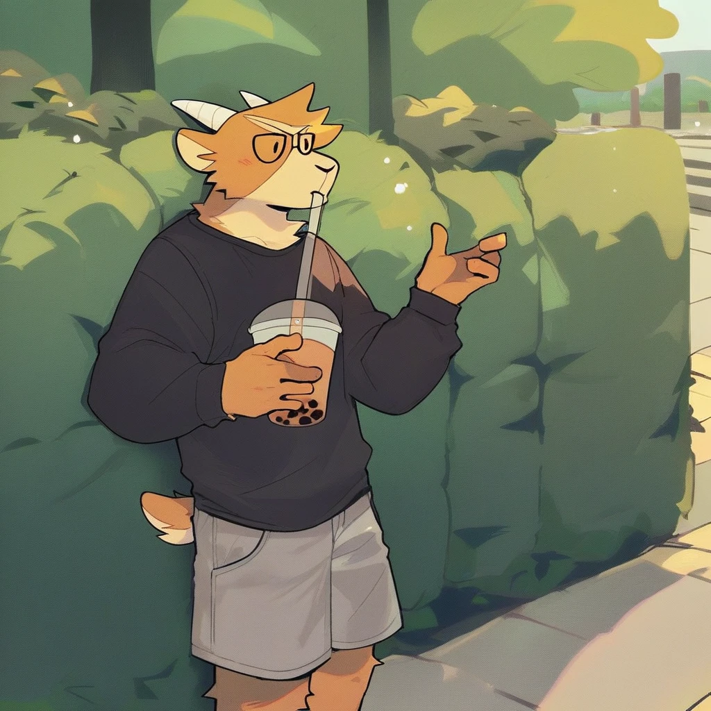 score_9_up, score_8_up, score_7_up, source_furry, Eddie, mountain goat, white coat, brown horns, slender build, furry male, furry, black sweater, gray shorts, holding, bubble tea, in park, park