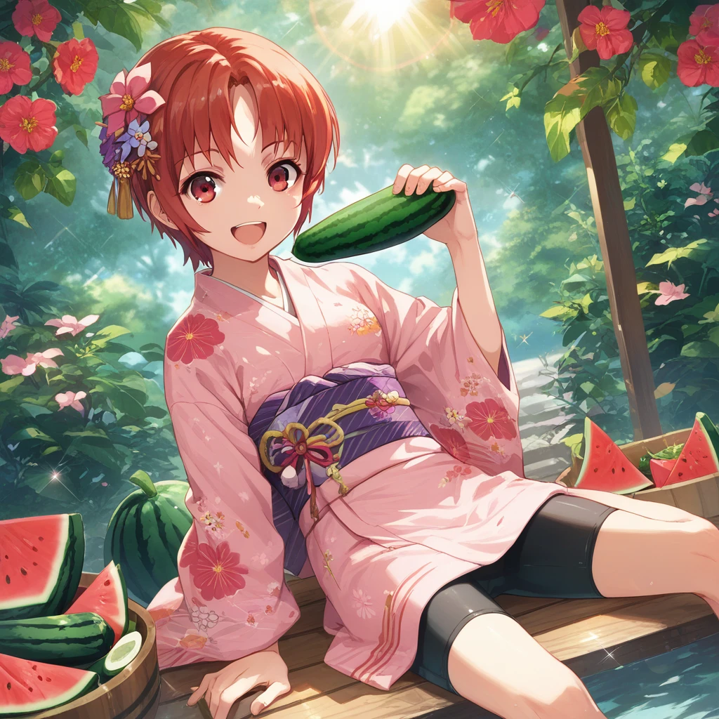 score_9, score_8_up, score_7_up, iizumi-rita, toaru, 1girl, watermelon, food, japanese clothes, fruit, short hair, solo, kimono, hair ornament, eggplant, smile, open mouth, bike shorts, sitting, hair flower, pink kimono, flower, looking at viewer, lens flare, brown eyes, sparkle, red hair, holding, brown hair, cucumber, :d, holding food, yukata, soaking feet, sash, red eyes