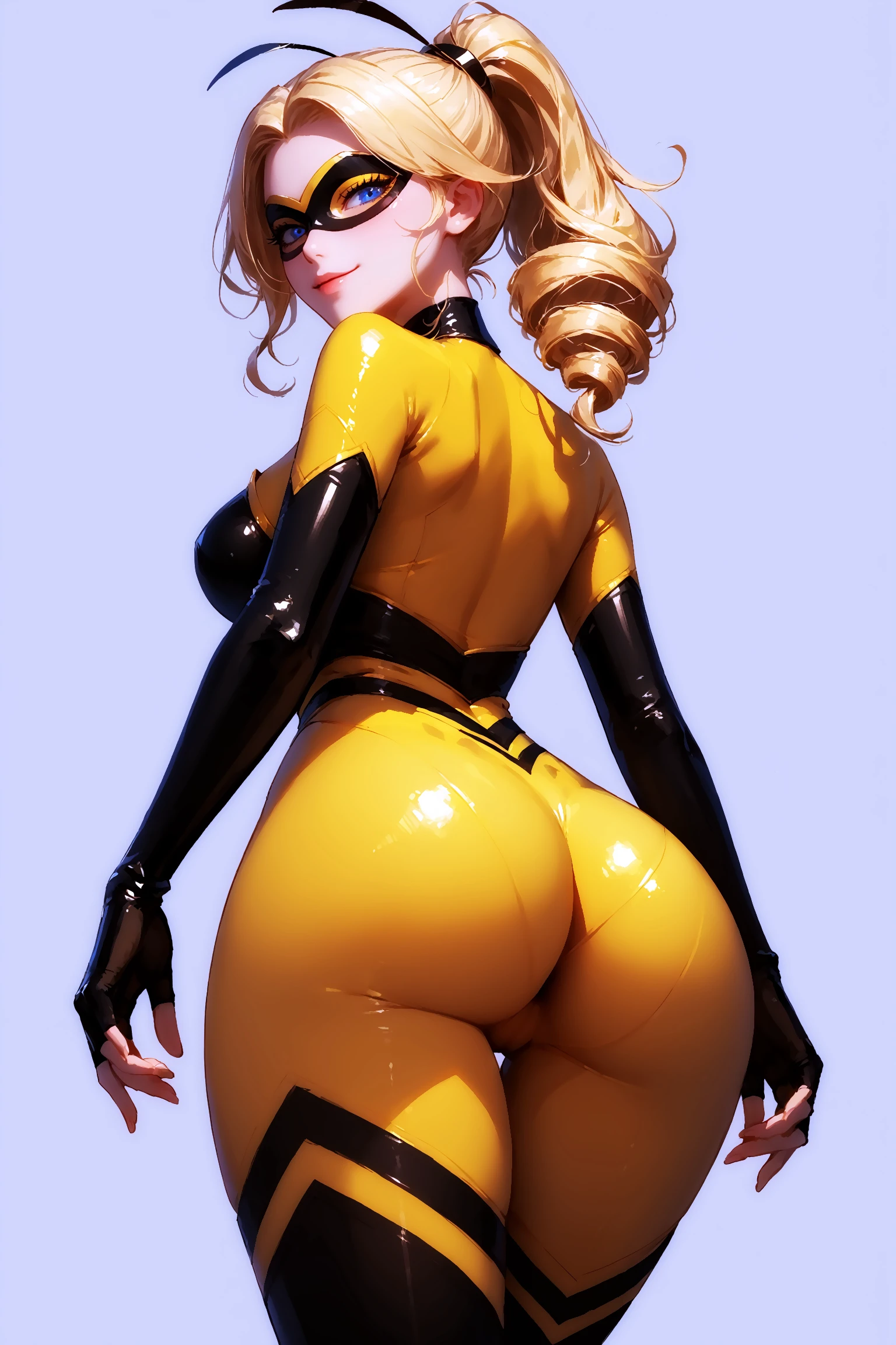 score_9, score_8_up, score_7_up, imtdqubee, 1girl, blonde hair, mask, domino mask, yellow bodysuit, from behind, from below, ass focus, ass, blue eyes, ponytail, long hair, superhero, fingerless gloves, seductive eyes, seductive smile, elbow gloves, drill hair, black strands in the ponytail, skin tight, very tight bodysuit, large breast, wide hips, rating_questionable, Expressiveh, dark theme, concept art.
