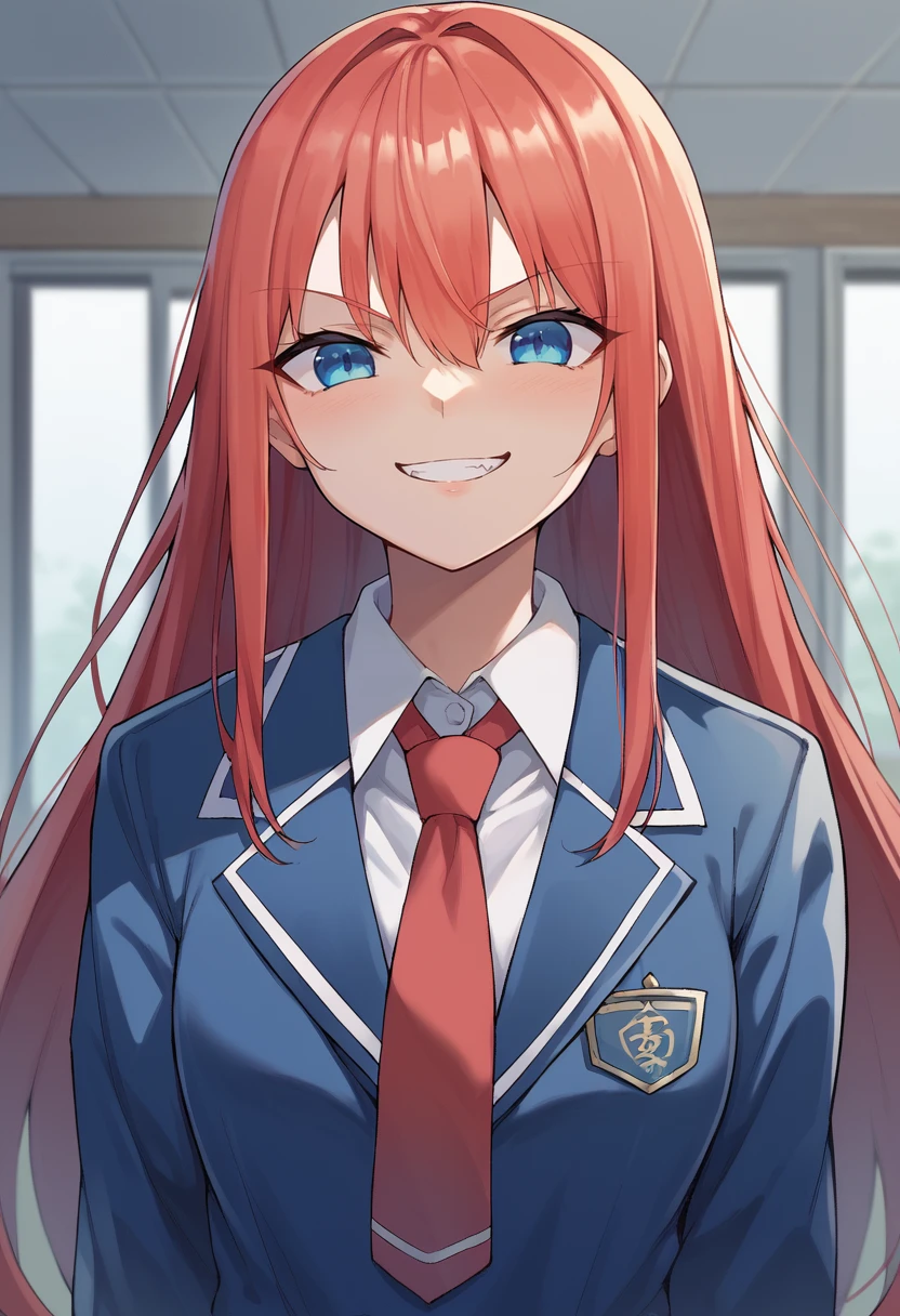 <lora:Lien-06:1> ,lien, blue eyes, red hair, long hair, blue school uniform, red tie, evil smile, japanese school, score_9, score_8_up, score_7_up, source_anime,