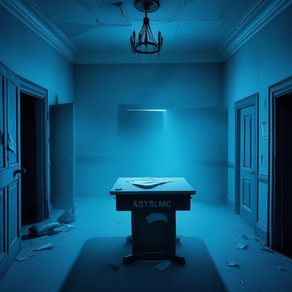 paper, crack, bottle, door, bedroom, scary, blueish hue, glowing eyes, blue theme, asylum, photo (object), school desk, open door, lying, trash bag, cable, death