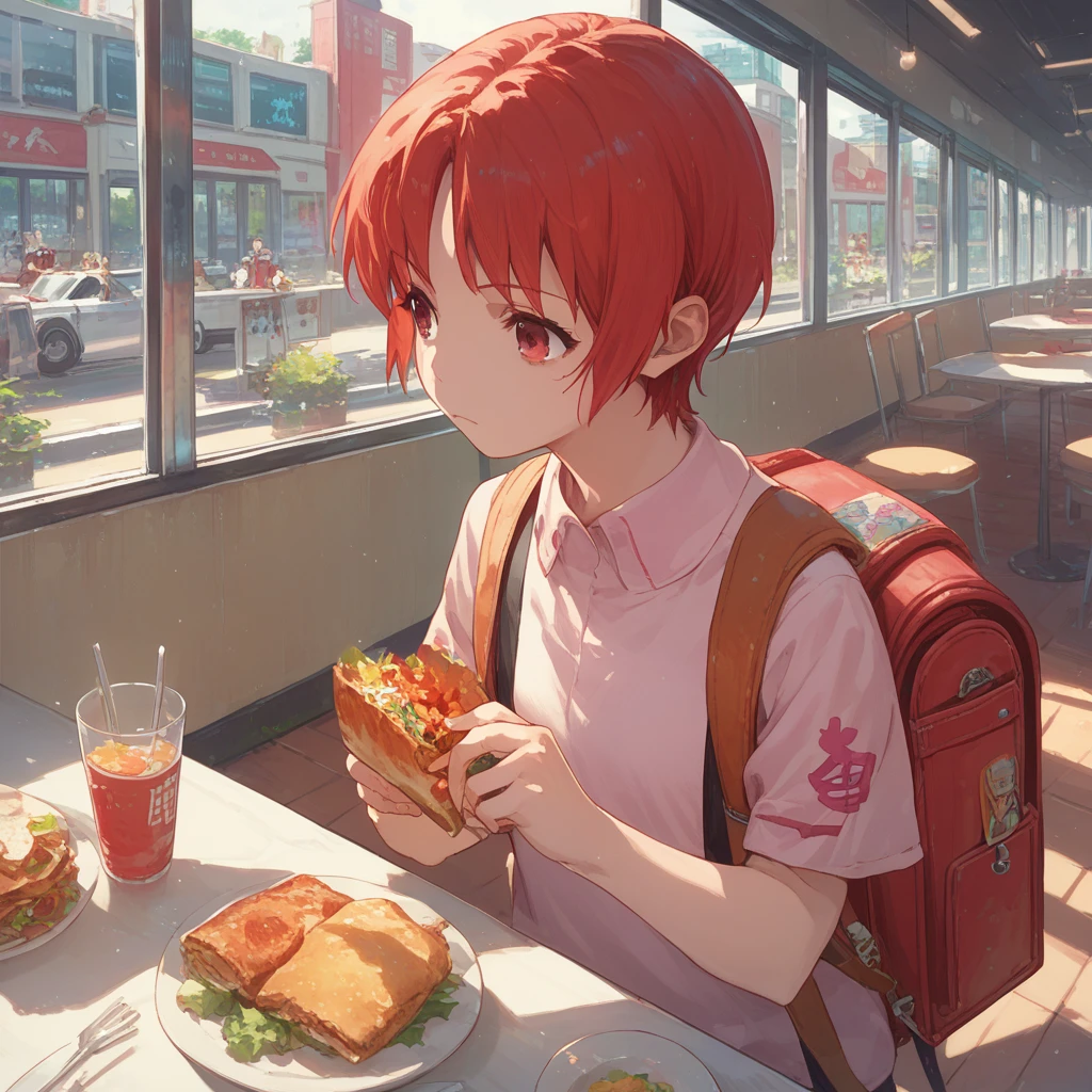 score_9, score_8_up, score_7_up, iizumi-rita, toaru, 1girl, solo, red hair, short hair, backpack, bag, anime coloring, :<, red eyes, cafeteria, food