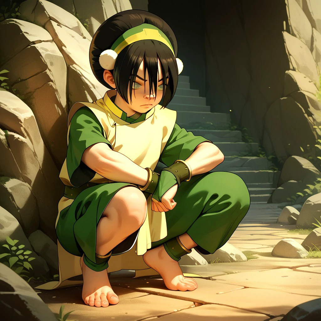 score_9, score_8_up, score_7_up, score_6_up, score_5_up, score_4_up, 1girl, Tophb, blind, rocky terrain, squatting, barefoot