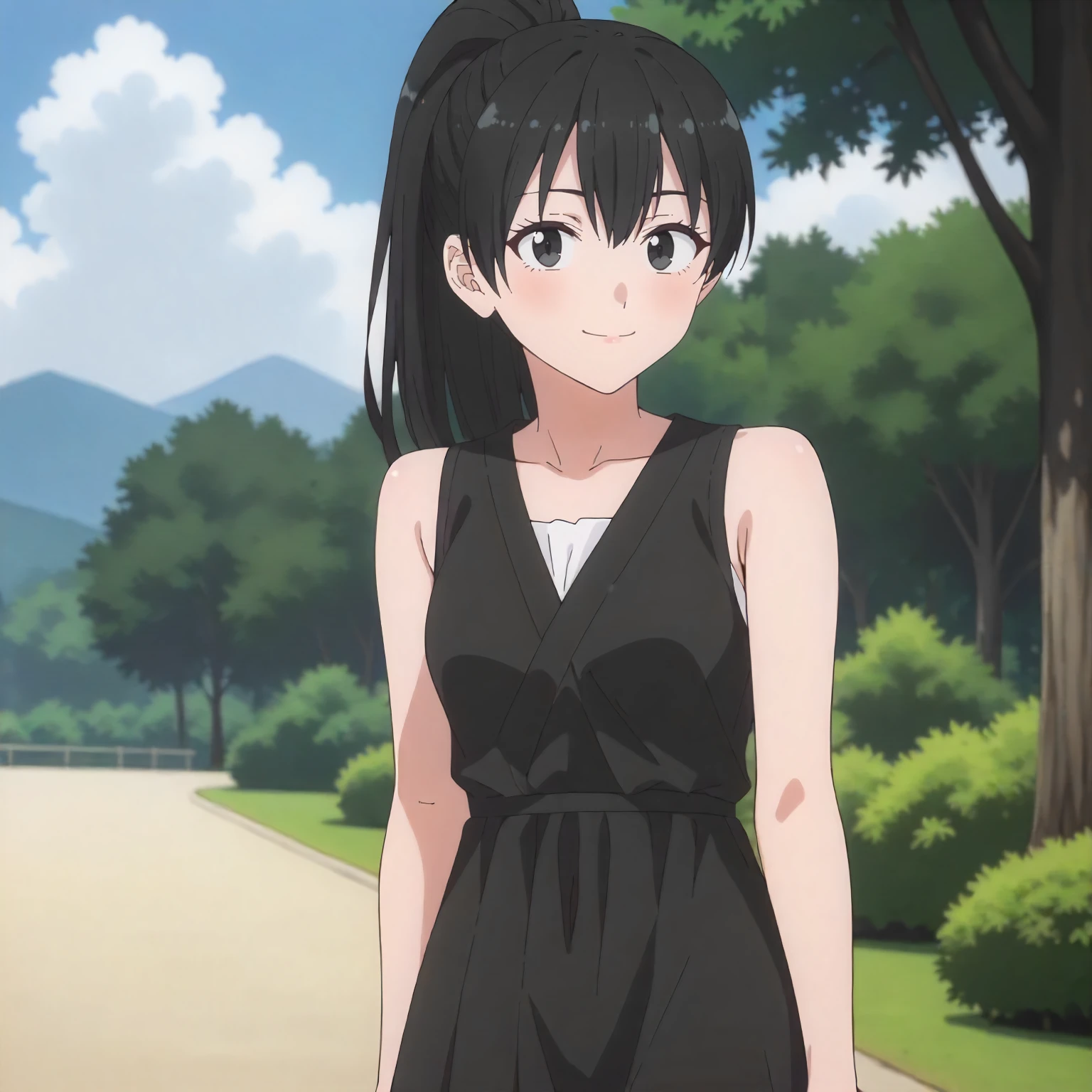 <lora:25DS_MidoriTakiXLpony001>,
outdoors,
smile,
solo,
MidoriTaki,1girl,black hair,ponytail,black eyes,
dress,