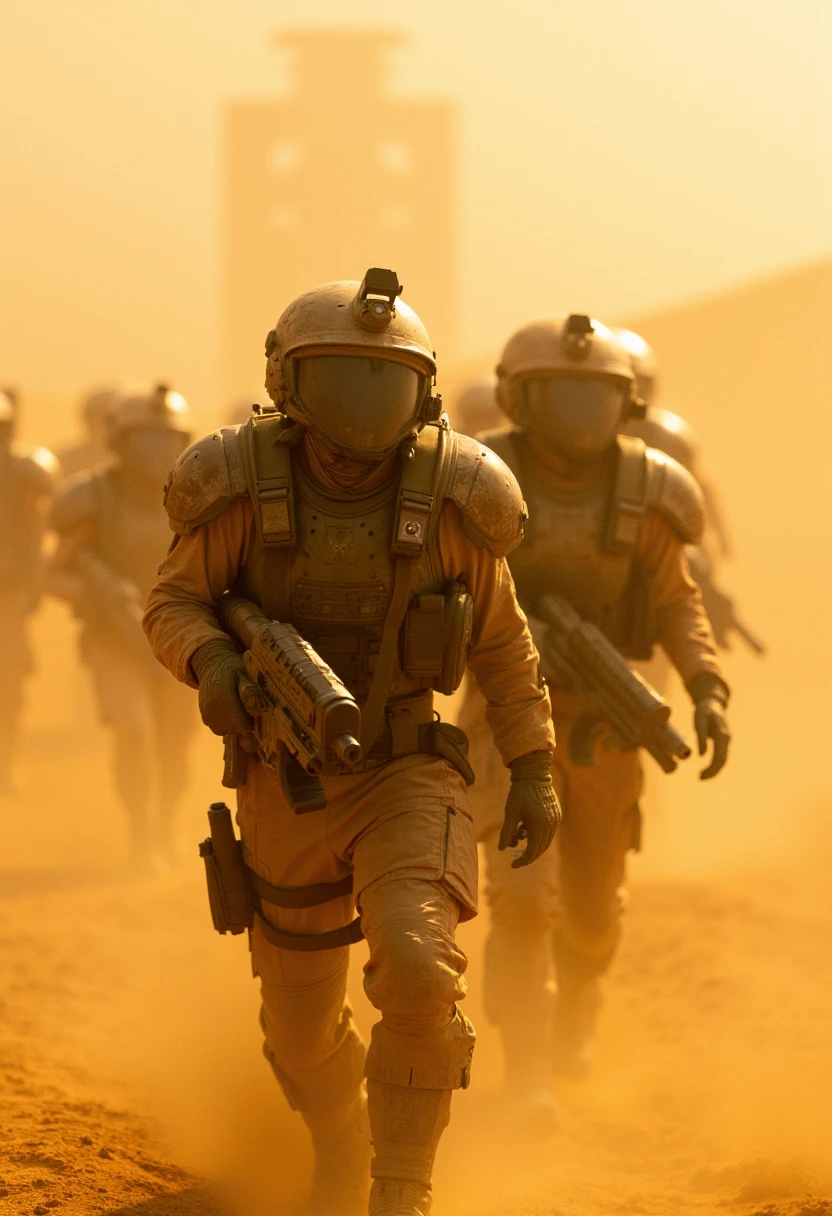 In the heart of a vast desert, a squad of US Colonial Marines advances through the blinding sandstorm, captured in stunning photorealistic detail. The scene is harsh and unforgiving, with the golden hues of the endless dunes stretching out beneath a blazing sun. The Marines’ combat armor is covered in a fine layer of dust, their visors reflecting the glaring sunlight. The image captures the tension in their movements as they move in formation, weapons at the ready. The atmospheric dust creates a soft, diffused light that adds a gritty texture to the scene, emphasizing the stark contrast between the Marines' high-tech gear and the primitive, hostile environment. The background shows the distant silhouette of an alien structure partially obscured by the swirling sands, hinting at the unknown threats that lie ahead.