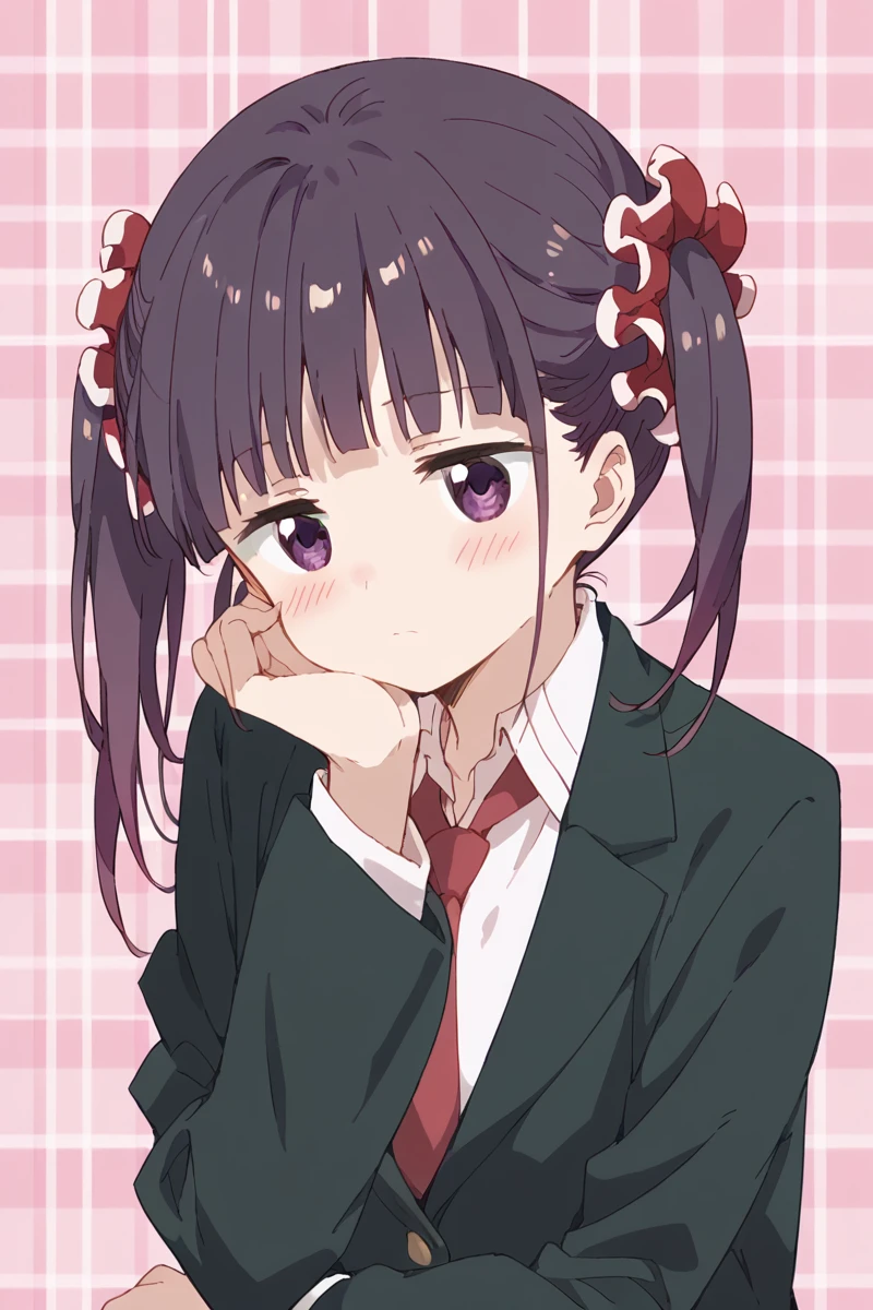 score_9, score_8_up, score_7_up, score_6_up,
 <lora:Shizuku_Minami:1> shizuku, 1girl, twintails, solo, necktie, school uniform, purple eyes, scrunchie, hair ornament, blush, purple hair, pink plaid background, black hair, head rest, blazer