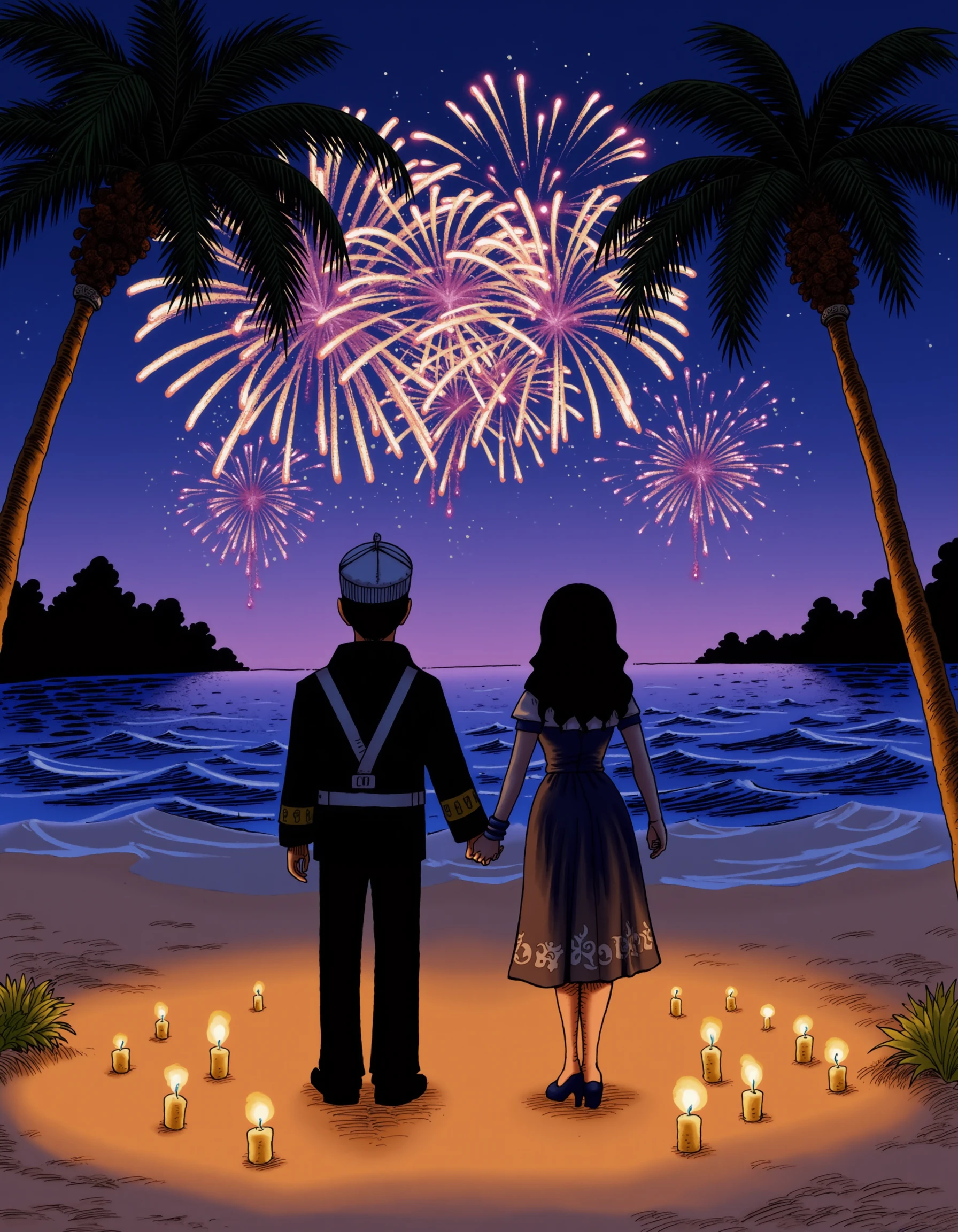 a boy and a girl are holding their hands while in background there are a lot of fireworks over the sea. The scene take place in a stunning beach, with palm trees. The boy is dressed as a marine, the girl as a pin-up. They are well lit by some candles on the floor on3pi3c3styl3 <lora:OnePieceStyleLoraFluxv1:1>