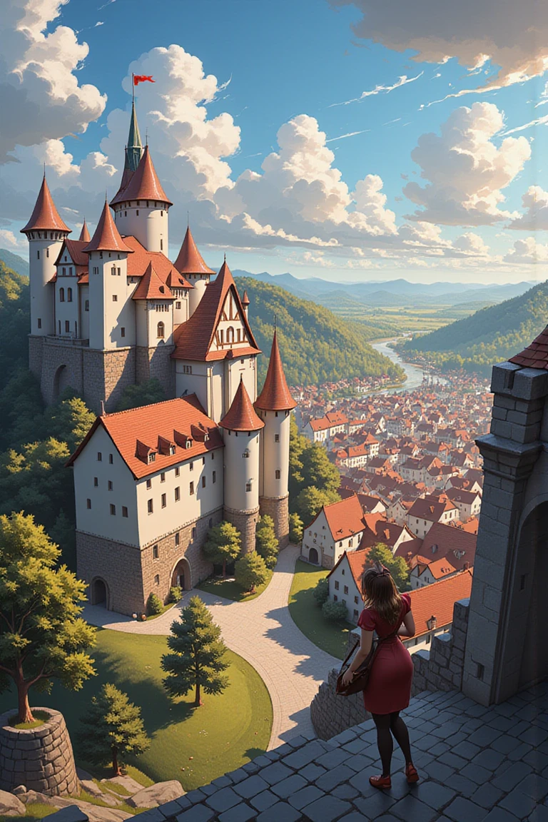 dynamic pose, Illustration of 
Wide angle shot of Český Krumlov Castle with the castle in the foreground and the town sprawling out in the background, highly detailed, natural lighting


. layered complexity, intricate imagery,
,comix_style