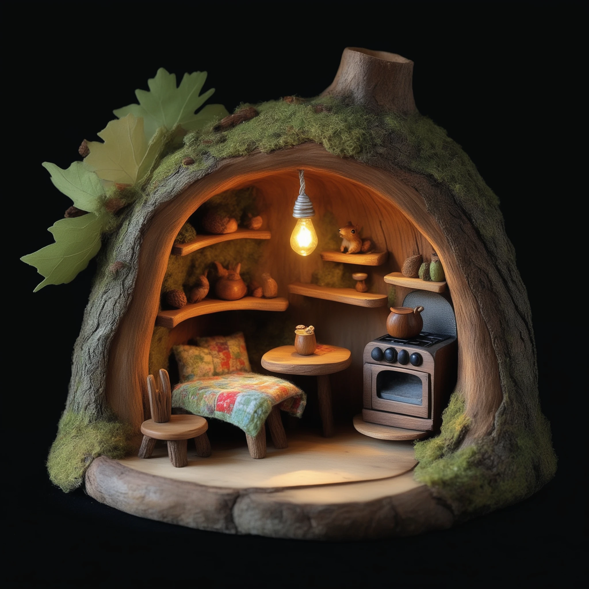 FRESHIDEAS The home of the squirrel A whimsical tree hollow home belonging to a squirrel,nestled high within the trunk of an ancient oak tree. Inside,the space is cozy and creatively furnished,blending natural elements with miniature,rustic furniture. A small wooden table and chairs **** from acorns and twigs sit in the center of the room. On one side,there's a tiny bed **** of soft moss and leaves,with a quilt crafted from colorful scraps of fabric. The walls are adorned with shelves carved directly into the wood,holding acorn cups,nuts,and tiny trinkets. In one corner,there's a tiny stove **** from a hollowed-out nut,complete with a small chimney that leads outside. A makeshift lamp,fashioned from a glowing firefly in a jar,sits on a tiny wooden nightstand. The squirrel's kitchen includes miniature appliances **** a tiny refrigerator crafted from a pinecone and a leaf-lined oven. The room is illuminated with warm,soft light filtering through a small,round window,offering a view of the surrounding forest. Outside,the tree is surrounded by lush greenery,with the entrance cleverly camouflaged by vines and leaves,