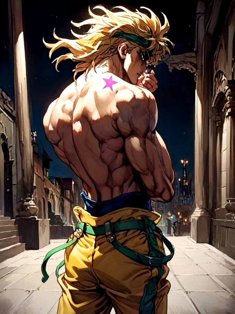 ((black background)), close-up, dio_brando's_pose_\(jojo\), birthmark \(joestar\), ear birthmark, looking at viewer, jojo pose, stepped on staris, night, wind, indoors, vampire, off shoulder, blonde hair, headband, green belt, yellow pants, topless male, muscular male, narrow waist, evil smile, bare back. shaded face, looking back, full body, <lora:dioandhisstarbirthmark_pony:1>