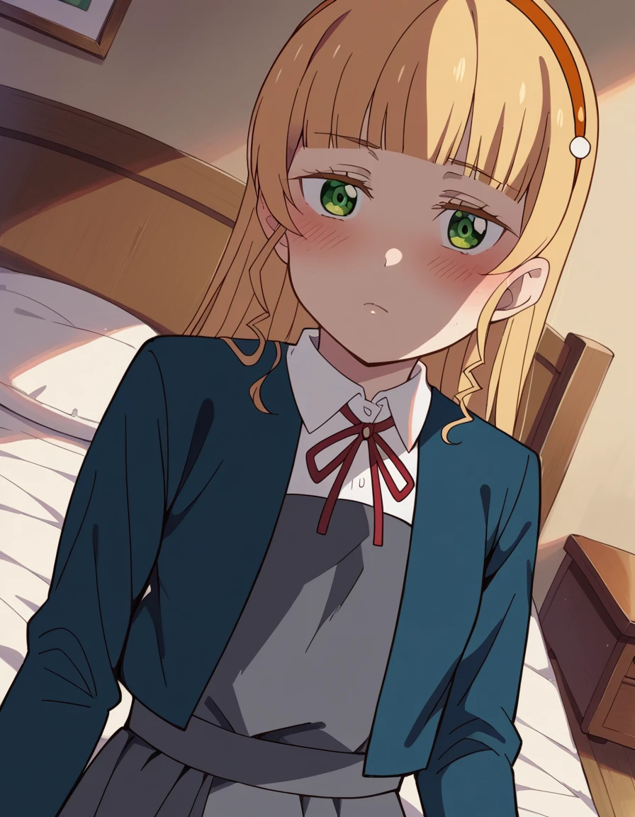 score_9, score_8_up, score_7_up, source_anime, <lora:sumire-heanna-s2-ponyxl-lora-nochekaiser:1>, sumire heanna, long hair, bangs, blonde hair, green eyes, hairband, blunt bangs, orange hairband,, shirt, dress, ribbon, school uniform, jacket, white shirt, open clothes, collared shirt, open jacket, red ribbon, neck ribbon, blue jacket, pinafore dress, grey dress, yuigaoka school uniform,, indoors, bed, bed room, on side, blush, drunk, looking at viewer, solo,, cowboy shot, dutch angle