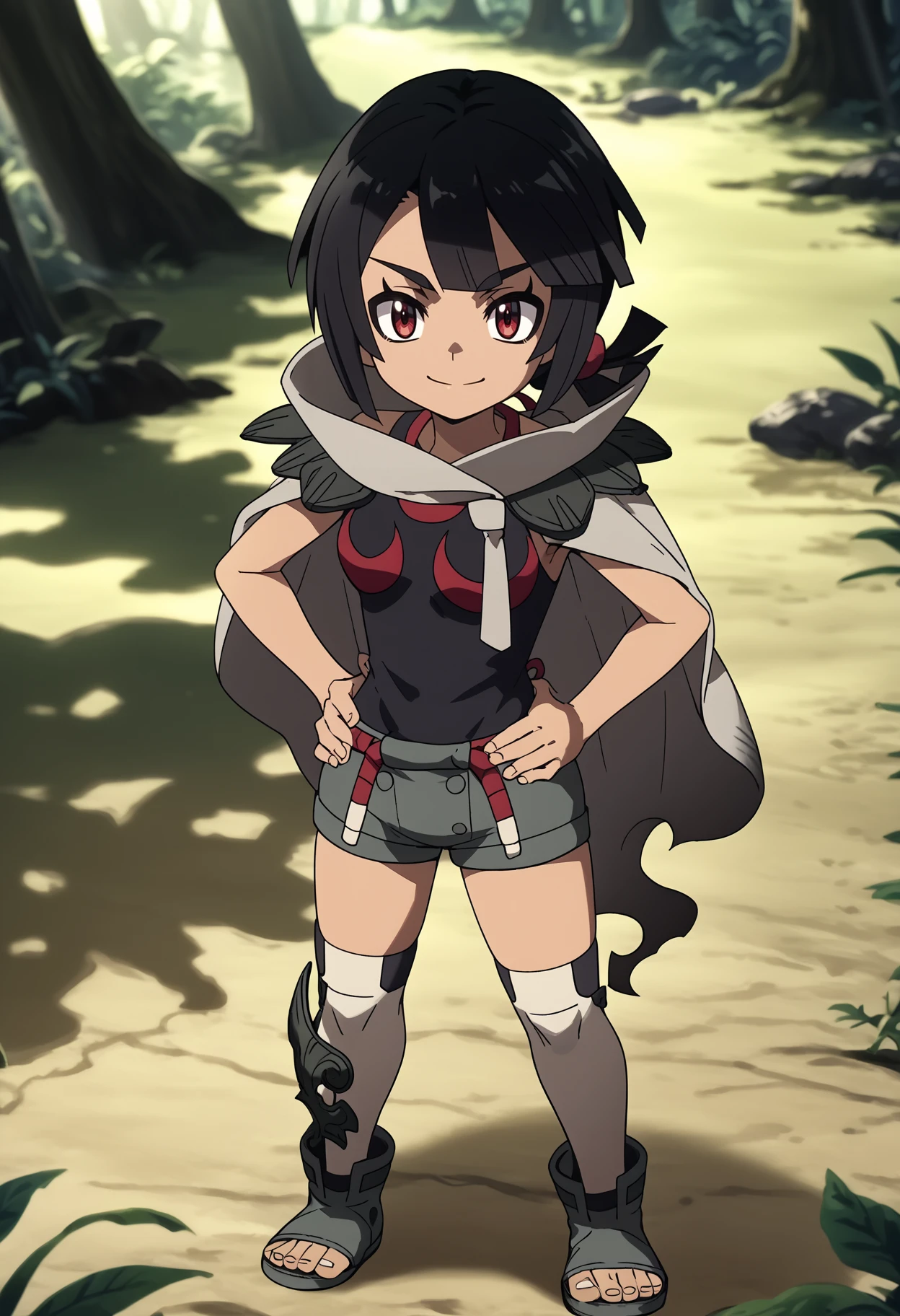 score_9, score_8_up, score_7_up, anime screencap, BREAK
1girl, zinnia, black hair, short ponytail, red eyes, dark skin,
grey cloak, black shirt, sleeveless shirt, short shorts, thighhighs, toeless shoes,
standing, hands on hips, solo, full body, smile, looking at viewer, forest background   <lora:ZinniaXL:1>