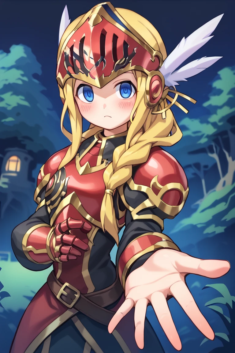 (score_9, score_8_up, score_7_up, score_6_up), source anime, BREAK, <lora:Aegina:0.60> , aegdef, 1girl, blonde hair, long hair, braid, blue eyes, valkyrie, visor (armor), winged helmet, armored dress, armor, gauntlets, boots, neutral expression, blush,  closed mouth, looking at viewer, solo,  single braid, <lora:zy_Detailed_Backgrounds_v1:0.5> , detailed background, highly detailed, castle, fortress, night, forest, overgrowth, jungle,    <lora:Beckoning_XLPD:1> , beckoning, reaching towards viewer, <lora:reaganlongPonyXL01_100e_8x1:0.6>