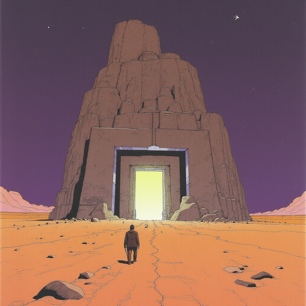 In style of Moebius. A lone traveler in a vast desert stumbles upon an ancient, alien temple glowing with ethereal light.