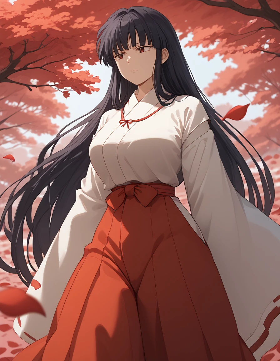 score_9, score_8_up, score_7_up, source_anime,kikyou,1girl,black hair, long hair, large breasts ,long sleeves, <lora:kikyou pony:1>,low tied hair, 
BREAK
miko,red hakama, expressionless, bored, (dutch angle:1.1), floating hair, petals, looking afar,far shot,,depth of field, maple leaf, maple tree, floating clothes,spider lily,orange and red theme,