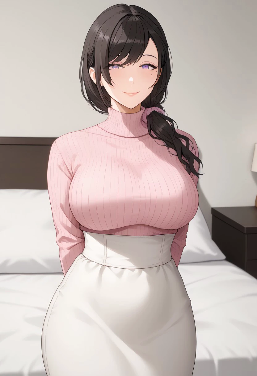 best quality,  
masterpiece, 
(bedroom:1.2), 
(Tacizumi), black hair, hair tied over shoulder, hair tie, mole under 1 eye, mature woman, fake smile
pink sweater, 
wide hips, thin waist
cowboy shot, 
purple eyes, 
standing, 
white skirt, arms behind back