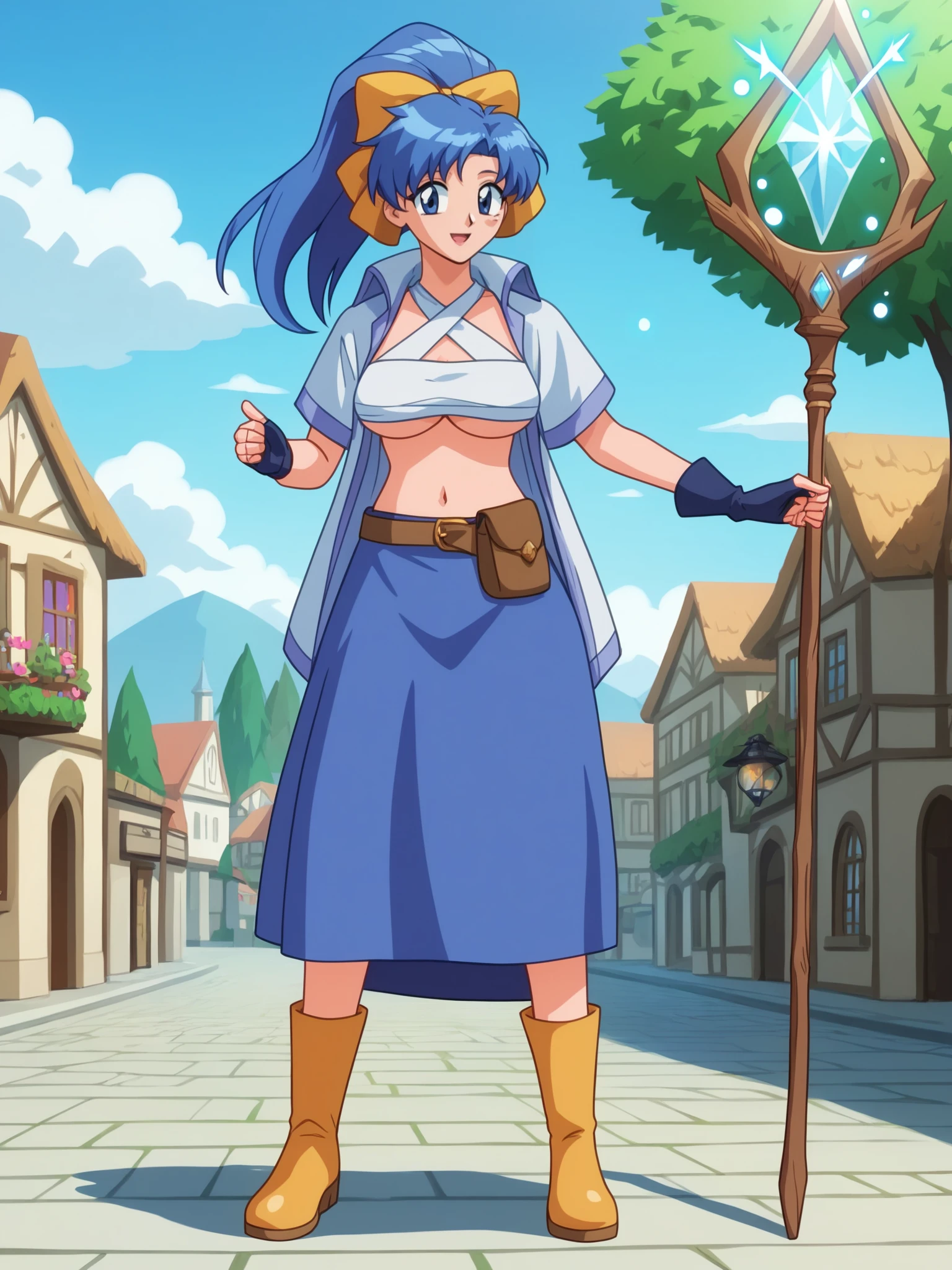 score_9, score_8_up, score_7_up, score_6_up, uncensored, BREAK,
Kuri is standing and holding spear, full body, casting spell, cryokinesis, ice magic, magic aura, frost,
1girl, mature female,   solo,
looking at viewer, talking,
blue hair, high ponytail, hair bow, blue eyes,
chest sarashi, open robe, fingerless gloves, belt pouch, long skirt, blue skirt, criss-cross halter, underboob, yellow footwear, boots,
curvy, large breasts, midriff, navel,
outdoors, blue skies, medieval city, fantasy, tree, clouds,
<lora:Kuri3216PDXL:1>