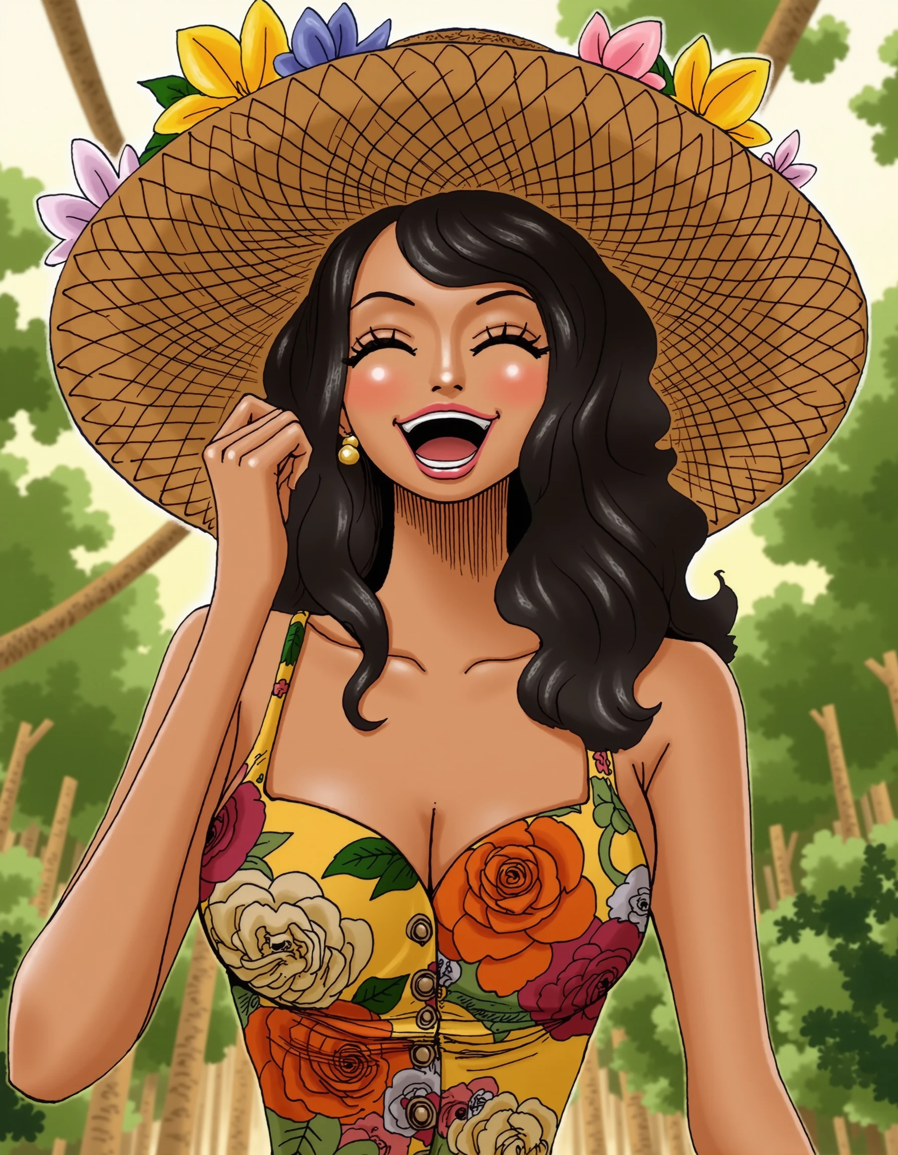 <lora:OnePieceStyleLoraFluxv1:1> on3pi3c3styl3, beautiful woman, colorful floral dress, large sun hat with flowers, joyful expression, vibrant colors, detailed embroidery, lush background, warm sunlight, retro fashion, nostalgic, elegant, charming, playful, intricate details, warm hues, timeless, aged look, soft lighting