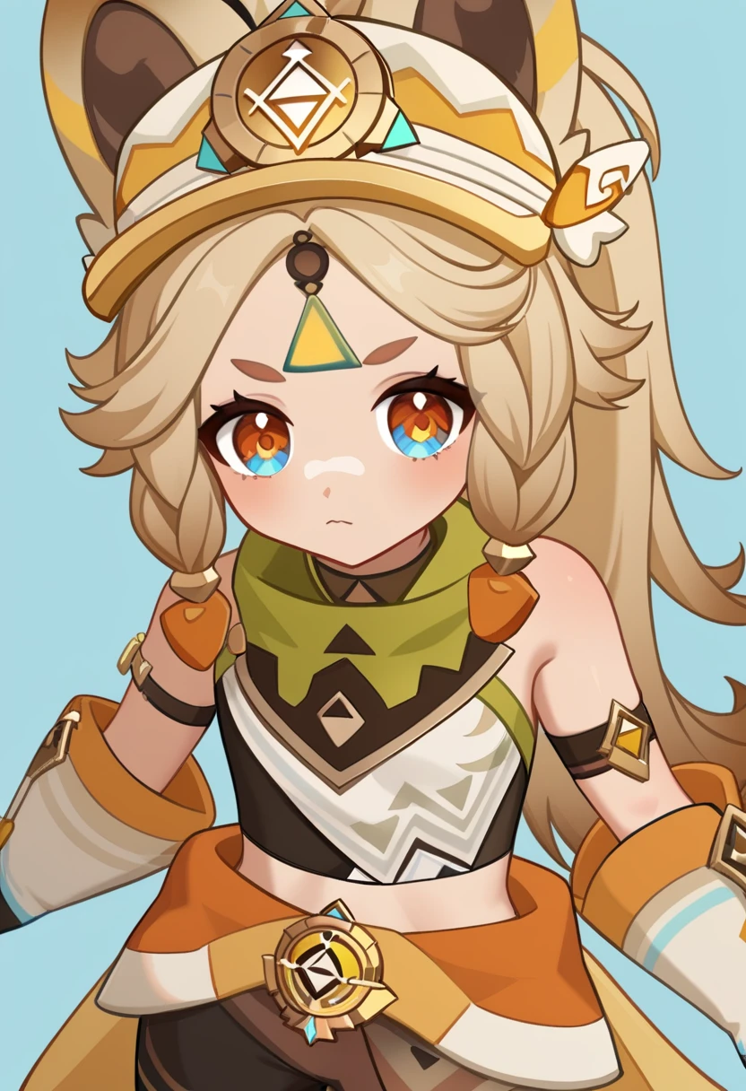 <lora:kachina_(genshin_impact):1>,kachina_(genshin_impact), clothes_around_waist, closed_mouth, visor_cap, bandaid_on_face, blue_background, bare_shoulders, jacket, cowboy_shot, crop_top, looking_at_viewer, black_shorts, solo, 1girl, simple_background