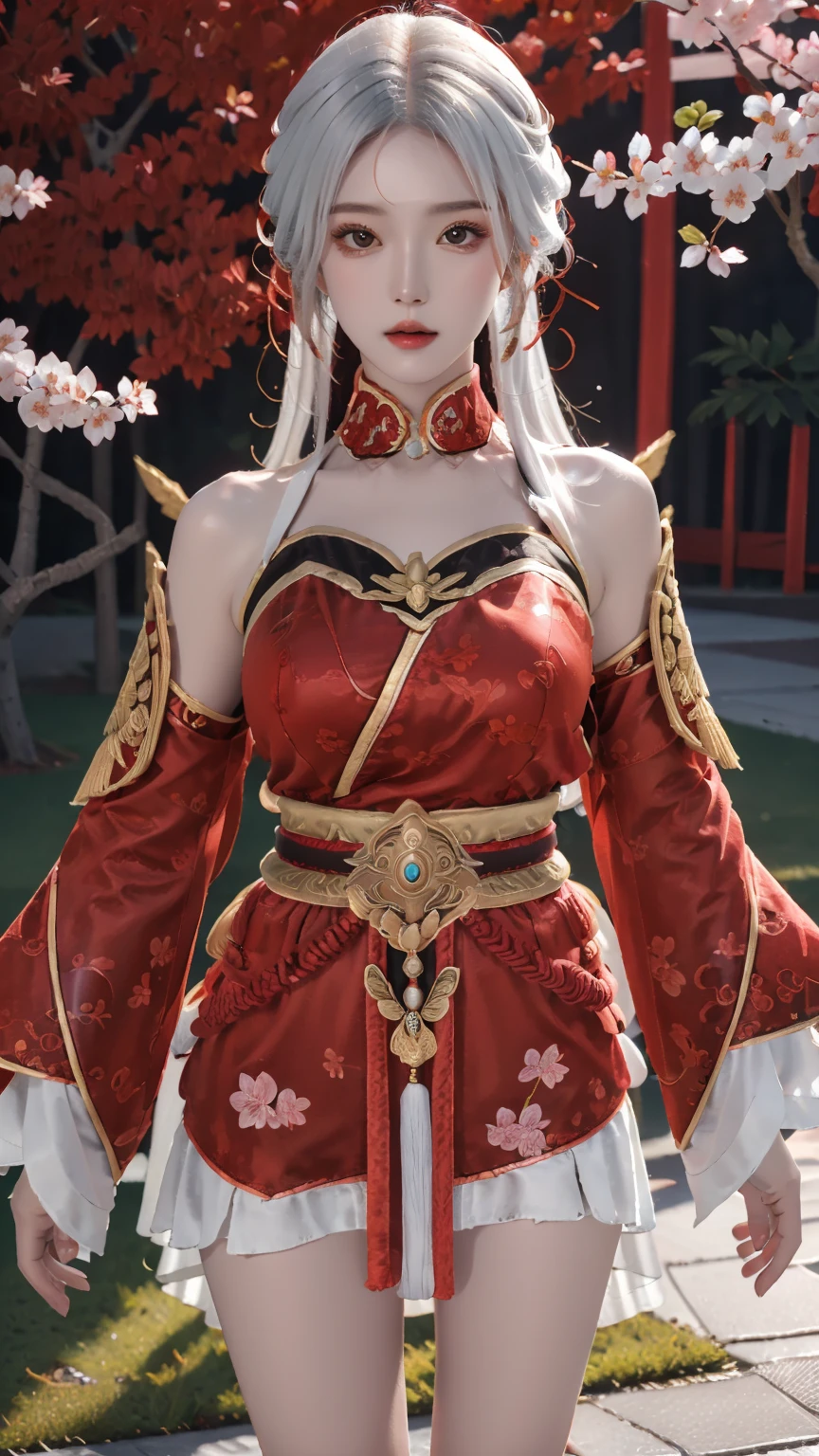 masterpiece,(bestquality),ultra-detailed,photorealistic,1girl,solo,accessories,<lora:Kamael Martial outfit:0.7>,<lora:7mix:0.6>,Kamael Martial outfit,outdoor,bare thighs,cherry blossoms,7mix,white hair,