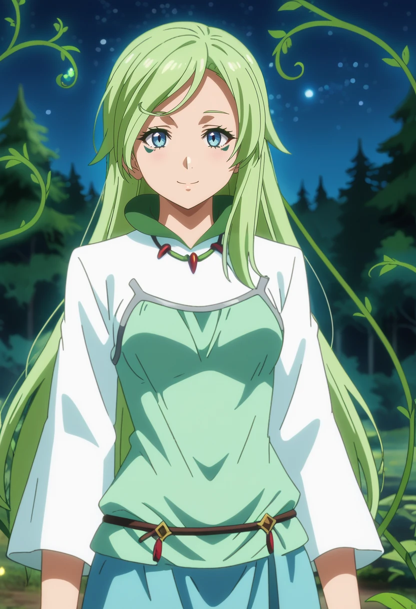 score_7_up, anime screencap,
<lora:TenSura_TreyniXL:0.9>, TreyniTS,
1girl, solo, closed mouth, light smile,
long hair, green hair, blue eyes, facial mark, vines,
multicolored dress, white dress, green dress, necklace, long sleeves, blue skirt,
standing, looking at viewer, cowboy shot,
blurry background, outdoors, forest, night, starry sky