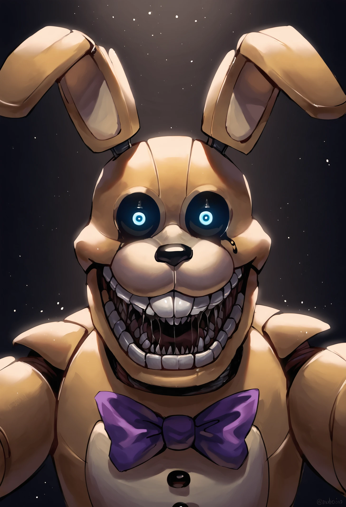 score_9, score_8_up, score_7_up, score_6_up, close-up, rabbit ears, horror (theme), open mouth, scream, (pitbonnie), ink, buck teeth, blue eyes, glowing eyes, purple bow, looking at viewer, animatronic, black sclera, dad bod, dark background, light particles, BREAK detailed, gloss, hires, best quality <lora:Pit_Bonnie:0.92>