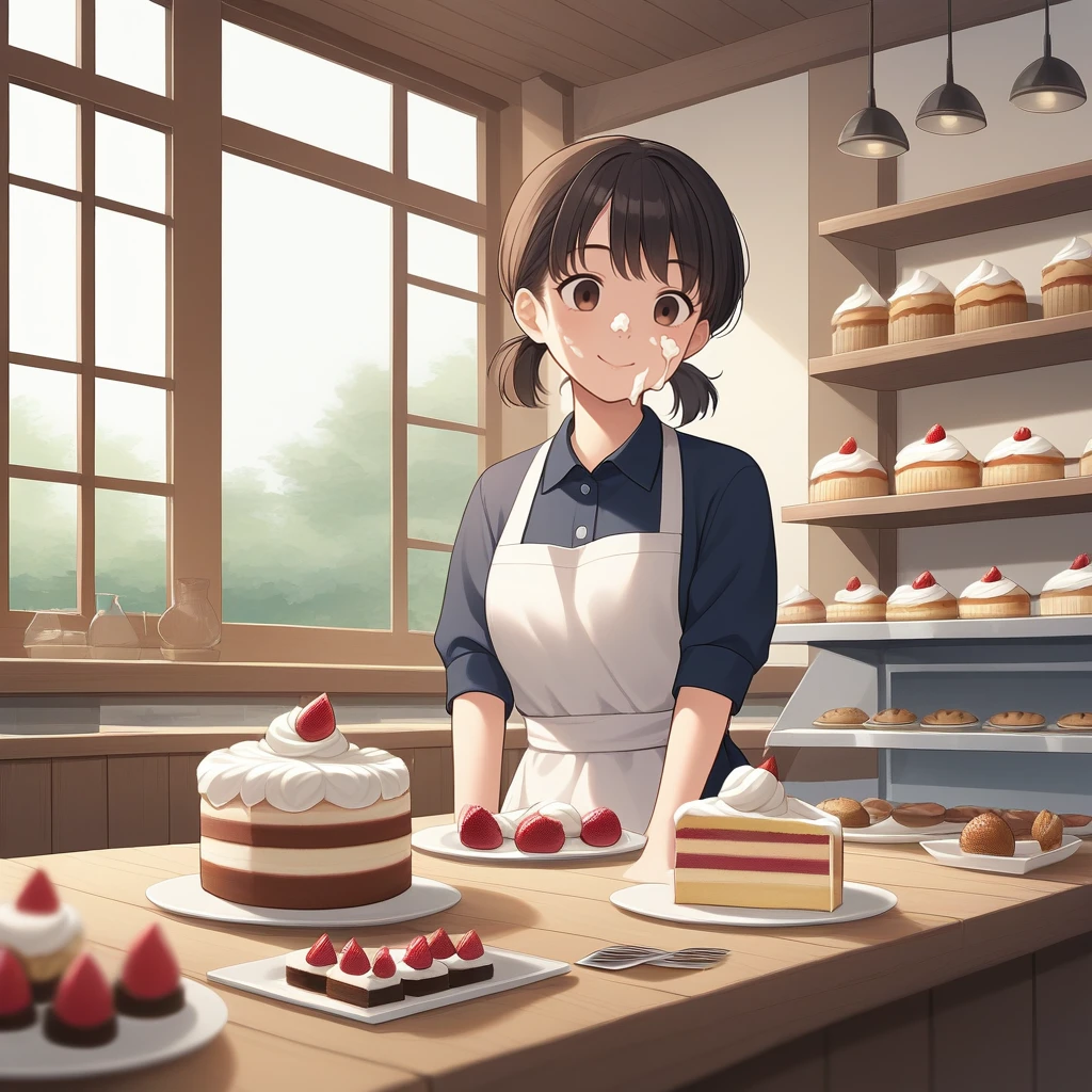 score_9, score_8_up, score_7_up, score_6_up, score_5_up, score_4_up, zPDXL2,source_anime,rating_questionable, 1girl,smile, whipped cream on face, white apron, <lora:Bakery:0.6> bak3ry, indoors, sweets, cake, window,