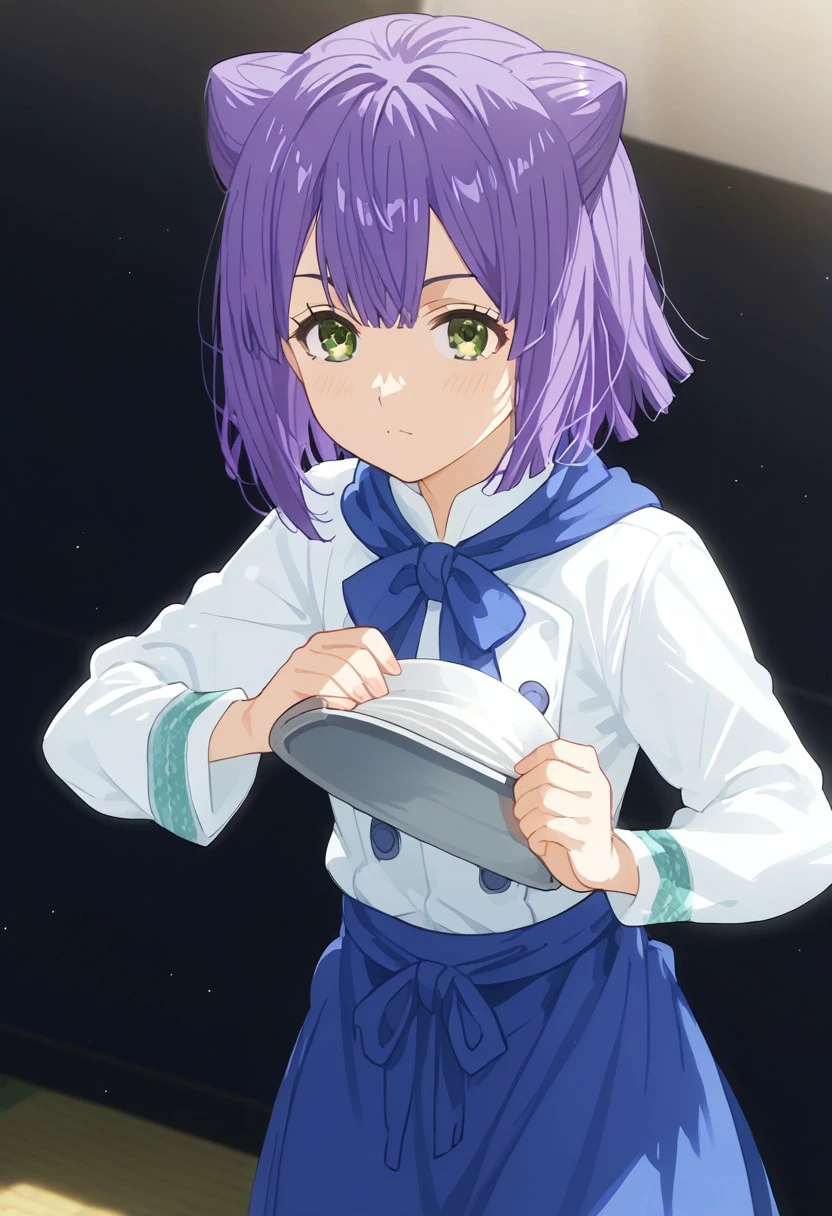 score_9, score_8_up, score_7_up, source_anime, rating_safe, MomoSNS, green Momo eyes, purple Momo hair, 1girl, female focus, anime screencap, white Momo shirt, blue Momo neckerchief, blue Momo waist apron,