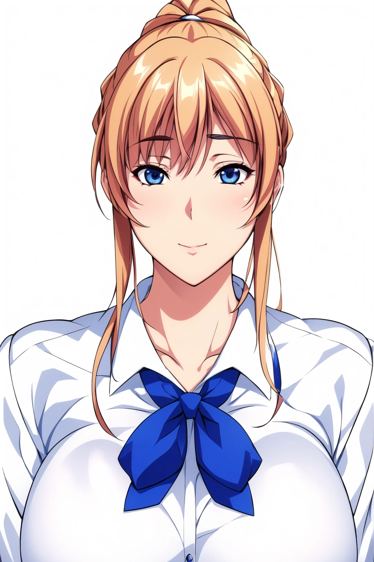 Simple Background,(White_Background:1.1),
dynamic pose,standing at attention,
white shirt, long sleeves, blue bowtie,blue pencil skirt, collared shirt, 
<lora:Miwa_Shirakawa_TeacherHypnosis-KK77-V1:0.7>,business suit, 
blue eyes, blonde hair, bangs,Long hair,Makeup, red lipstick, sidelocks,
<lora:more_details:0.1>,<lora:NovelAI_YesMix5_KKStyle-KK77-Yes5-V1:0.3>,<lora:Oda_Non_Style2-KK77-Yes5-V1:0.3>,
1 girl, 20yo,Young female,Beautiful long legs,Beautiful body,
Beautiful Nose,Beautiful character design, perfect eyes, perfect face,expressive eyes,perfect balance,
looking at viewer,(Focus on her face),closed mouth, (innocent_big_eyes:1.0),(Light_Smile:0.3),
official art,extremely detailed CG unity 8k wallpaper, perfect lighting,Colorful, Bright_Front_face_Lighting,White skin,
(masterpiece:1.0),(best_quality:1.0), ultra high res,4K,ultra-detailed,
photography, 8K, HDR, highres, absurdres:1.2, Kodak portra 400, film grain, blurry background, bokeh:1.2, lens flare, (vibrant_color:1.2),professional photograph,
(Beautiful,large_Breasts:1.4), (beautiful_face:1.5),(narrow_waist),