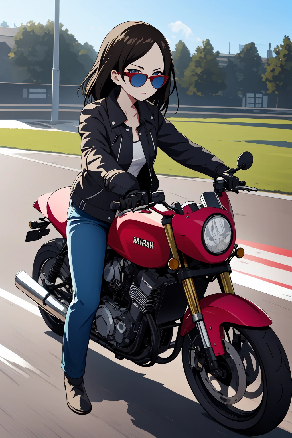 (RAW photo, best quality), 1girl,  natural lighting,
 <lora:girls_und_panzer_nonna_1_2:1> panzer_nonna, motorcycle jacket, sunglasses,