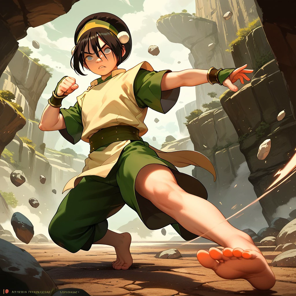 score_9, score_8_up, score_7_up, score_6_up, score_5_up, score_4_up, 1girl, Tophb, blind, rocky terrain, fighting stance, barefoot, surrounded by floating rocks