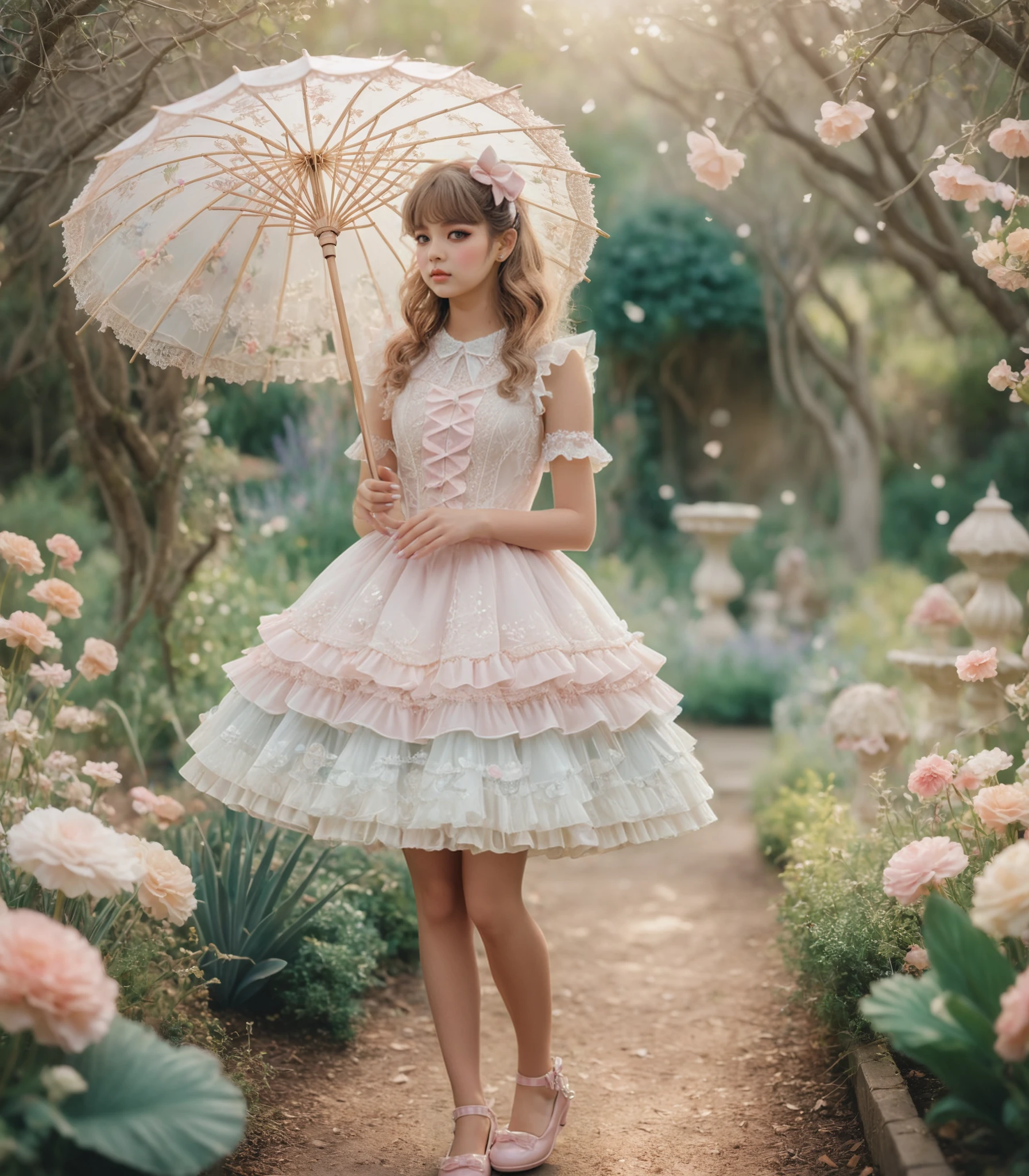 A girl wearing a short sweetegl dress, intricately adorned with frills, bows, and lace, twirling a parasol in a whimsical garden. Captured with a 35mm lens, creating a soft, ethereal focus and emphasizing pastel colors, SkinHairDetail-SDXL OverallDetail-SDXL<lora:sweetlolitaXLv5.1:0.7>