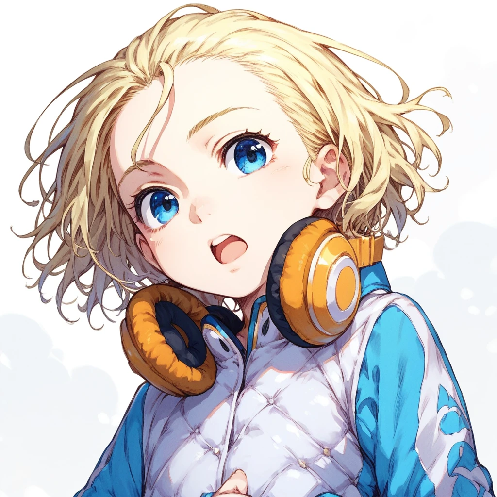 score_9, score_8_up, score_7_up, patricia birdway, toaru, 1girl, blue eyes, 1girl, headphones, headphones around neck, solo, blonde hair, short hair, open mouth, looking at viewer, upper body, jacket