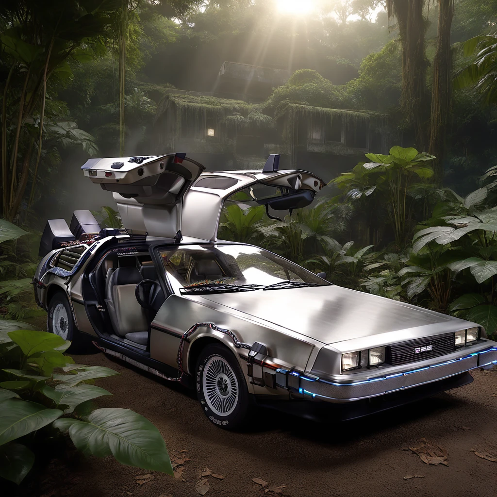 Back To The Future 1985 Delorean in the jungle, abandoned Delorean covered in vines and foliage, slightly rusted with broken windows and doors ajar, dense tropical jungle with exotic plants and towering trees, rays of sunlight piercing through foliage, mist and humidity in the air, a sense of mystery and forgotten history, hyper-realistic style, detailed textures, dynamic lighting, cinematic