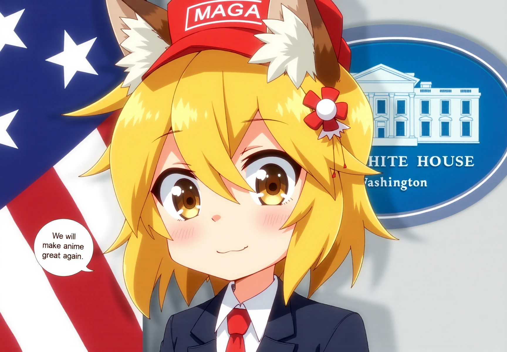 Anime style, featuring a young girl with fox-like characteristics.The character has short, tousled, golden-yellow hair with fox ears on top of their head, adorned with white fur inside. She have large, expressive brown eyes with a playful smile, revealing a small, sharp canine tooth. Her cheeks are slightly flushed, adding a sense of warmth and friendliness to their expression. A small, red flower with white petals is attached to her hair on the right side, adding a touch of color and detail
The character is wearing an official suit and making a speech. She is standing next to the flag of the USA. Behind her is the White House logo with the text "THE WHITE HOUSE" and "Washington" below it. She wears red cap with label "MAGA". She says "We will make anime great again". Speech bubble.
<lora:senko_flux_v1:1>