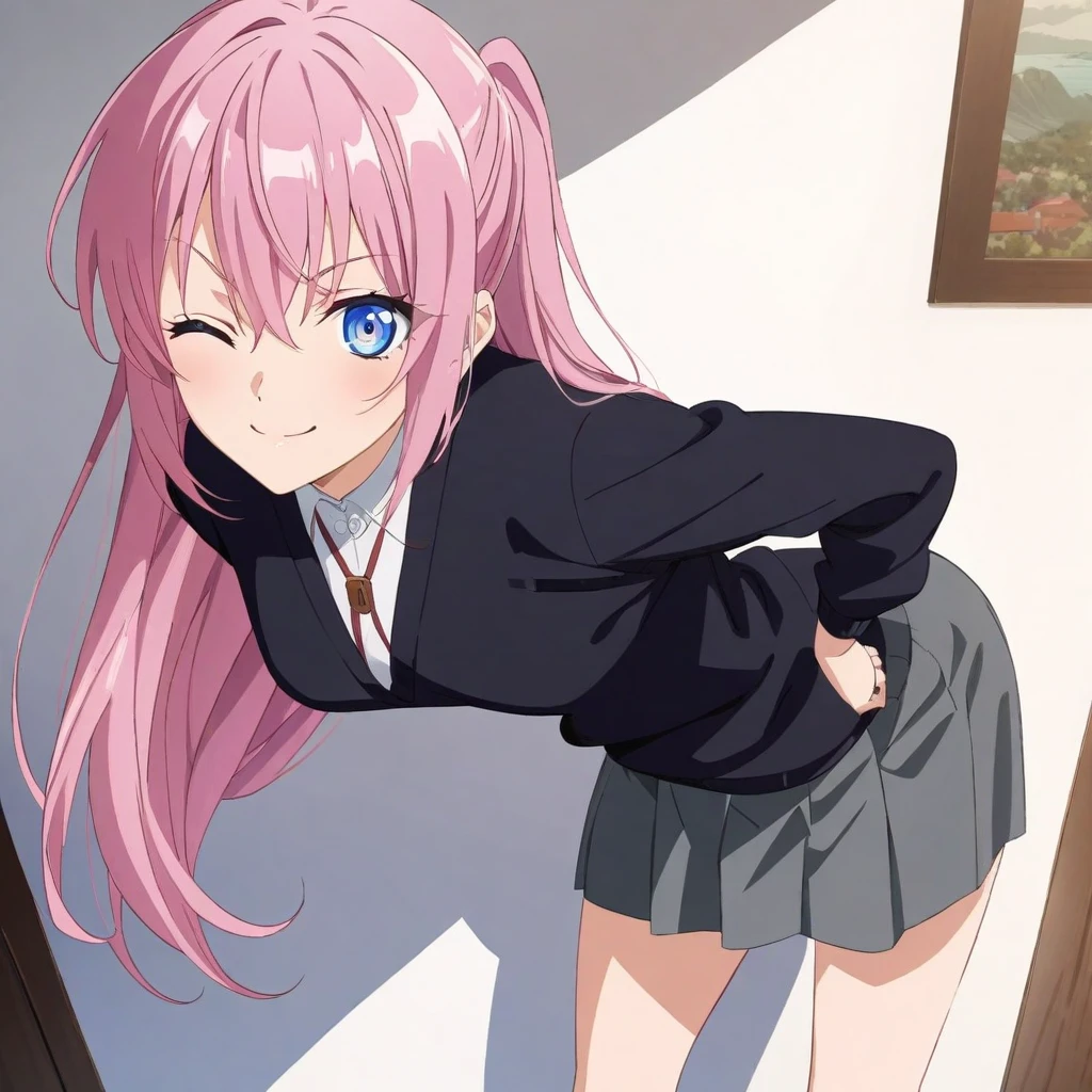 (masterpiece),(best quality),(ultra-detailed),(best illustration),(best shadow),(absurdres),(detailed background),(very aesthetic), shikimori, 1girl, one eye closed, pink hair, solo, blue eyes, long hair, skirt, smile, school uniform, grey skirt, looking at viewer, white background, hand on hip, leaning forward, simple background, shirt, anime coloring <lora:shikimori:1>