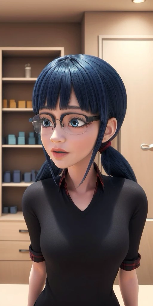 Hyperrealistic, photorealistic, super detailed, blue eyes, black square-shaped glasses, shoulder-length black hair with blue reflections tied back in ponytails, light pink lips, body like in real life, large pores, light skin-tone, slender, beautiful arms, little breasts, unreal engine, octane render, droped shadow, bokeh, cinematic lighting, <lora:add_detail:0.5>, <lora:Volumetric_lighting:0.6>, Socqueline Wang, <lora:2e3d8eda-f9e4-4a3e-a875-3900cd8f995c:0.7>