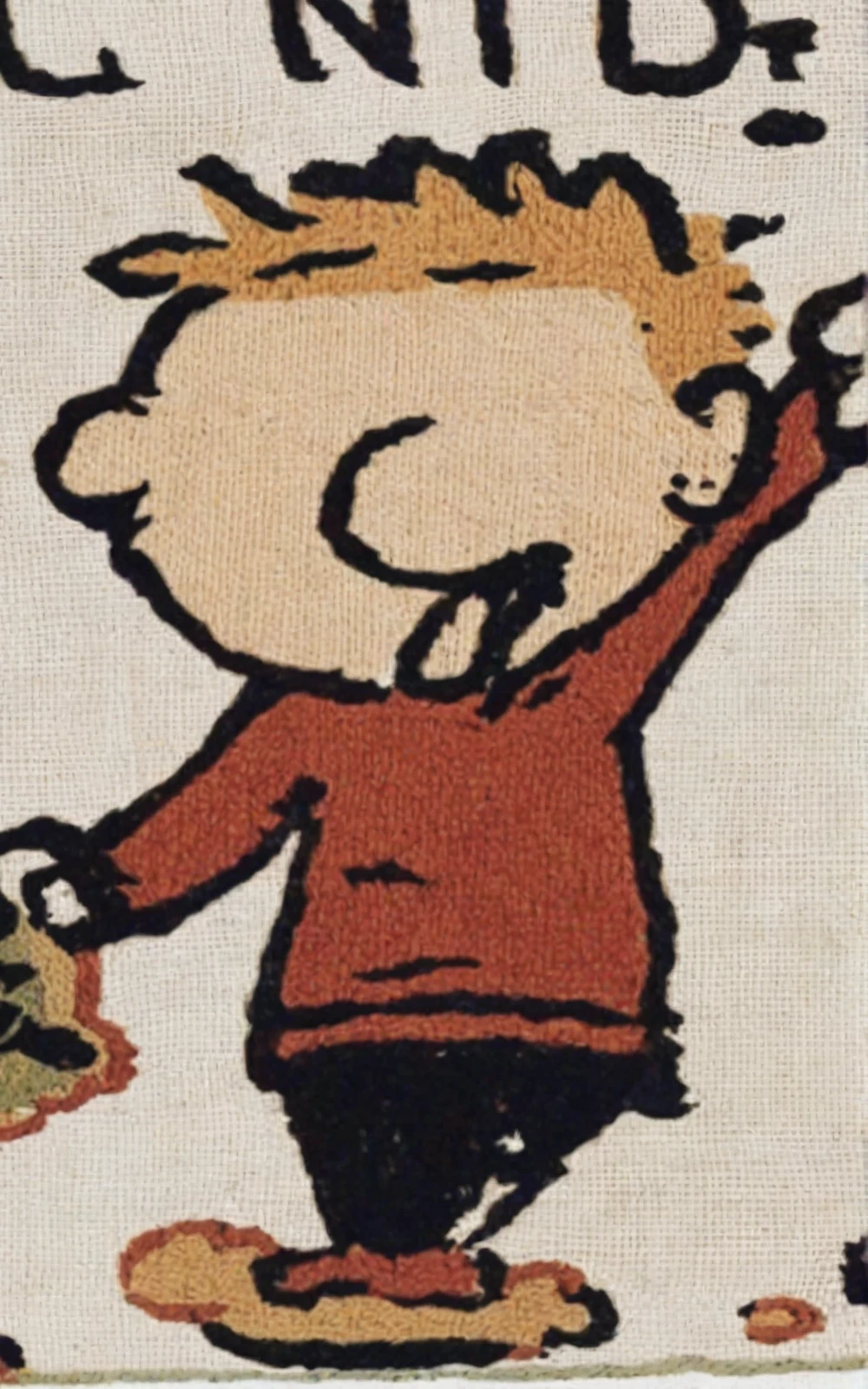 <lora:bayeux_pony_v1:1> bayeux, bayeux tapestry, an embroidered tapestry showing calvinah <lora:CalvinAH:1> , 1boy, male focus, english text, chibi, score_9, score_6_up, score_7_up