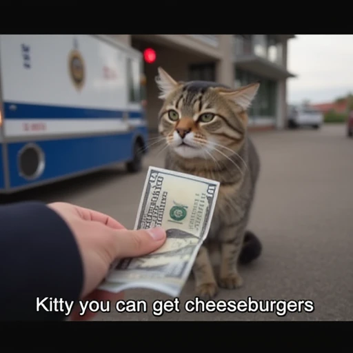 A cat takes the U.S. dollar bill from the man's arm at the bottom of the screen,The background is at the entrance of the police station,The subtitles read "Kitty you can get cheeseburgers"
