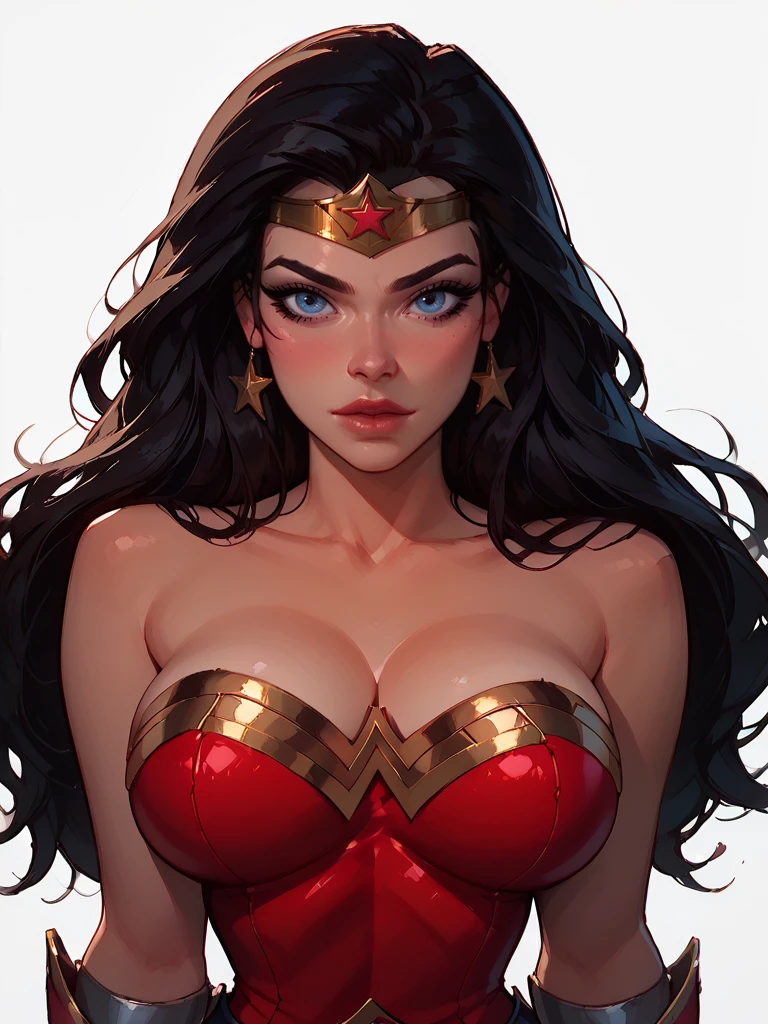 score_9, score_8_up, score_7_up, score_6_up, expressiveh, G0THICPXL,<lora:WonderWoman:1>, WonderWoman, blue eyes, black hair, long hair, large breasts, round breasts, portrait, bare shoulders, strapless, boots, leotard, bracer, star, vambraces, red footwear, high heels, high heel boots, red leotard, star print, tiara, face focus, front view, sultry look, sexy pose, white background, <lora:Expressive_H:0.45> <lora:g0th1cPXL:0.45>  <lora:incase-ilff-v3-4:0.5> <lora:Anna4:0.4><lora:Round_Breasts_XL_XV7:1>