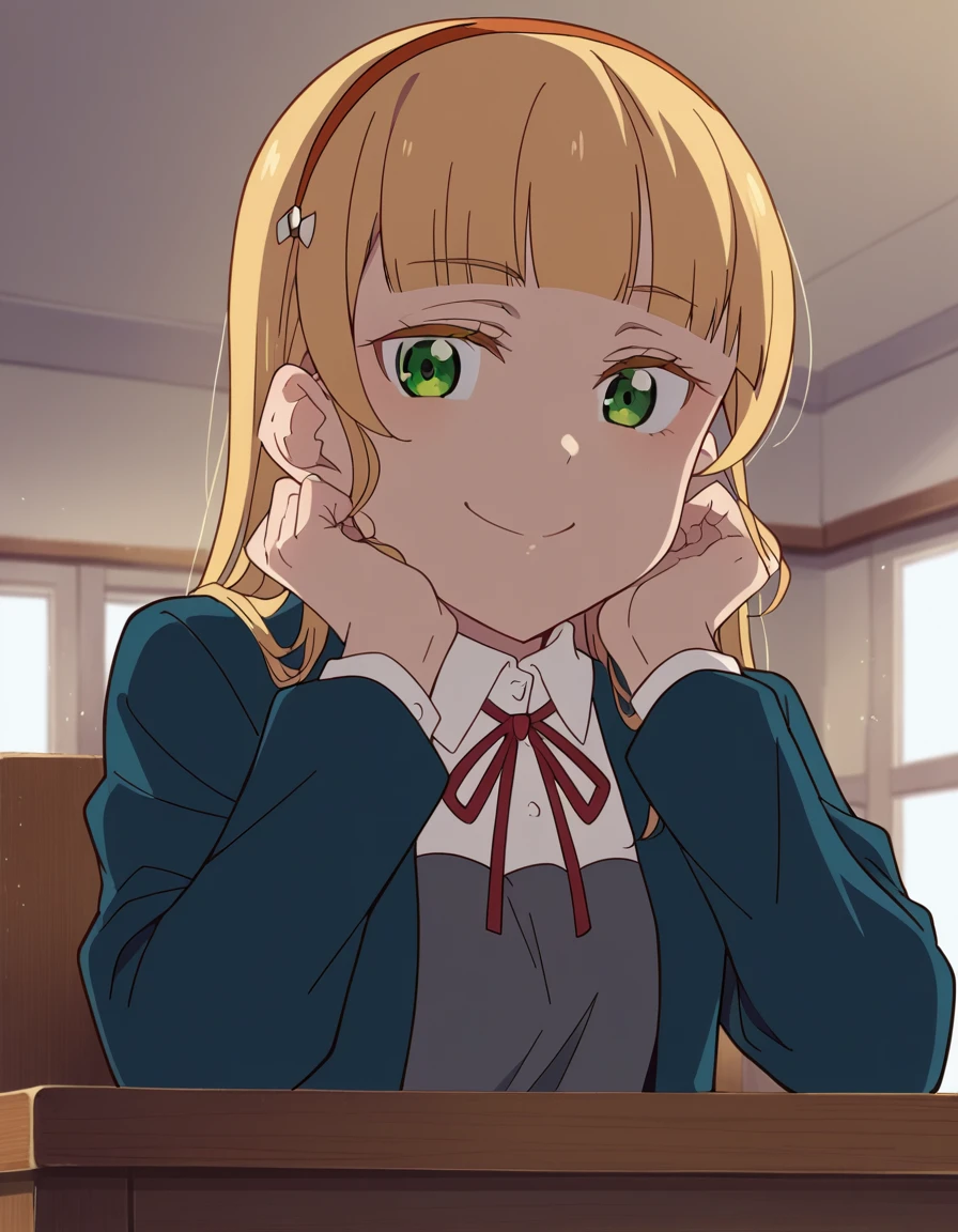 score_9, score_8_up, score_7_up, source_anime, <lora:sumire-heanna-s2-ponyxl-lora-nochekaiser:1>, sumire heanna, long hair, bangs, blonde hair, green eyes, hairband, blunt bangs, orange hairband,, shirt, dress, ribbon, school uniform, jacket, white shirt, open clothes, collared shirt, open jacket, red ribbon, neck ribbon, blue jacket, pinafore dress, grey dress, yuigaoka school uniform,, indoors, smile, looking at viewer, solo, sitting, head rest, table,, cowboy shot, dutch angle