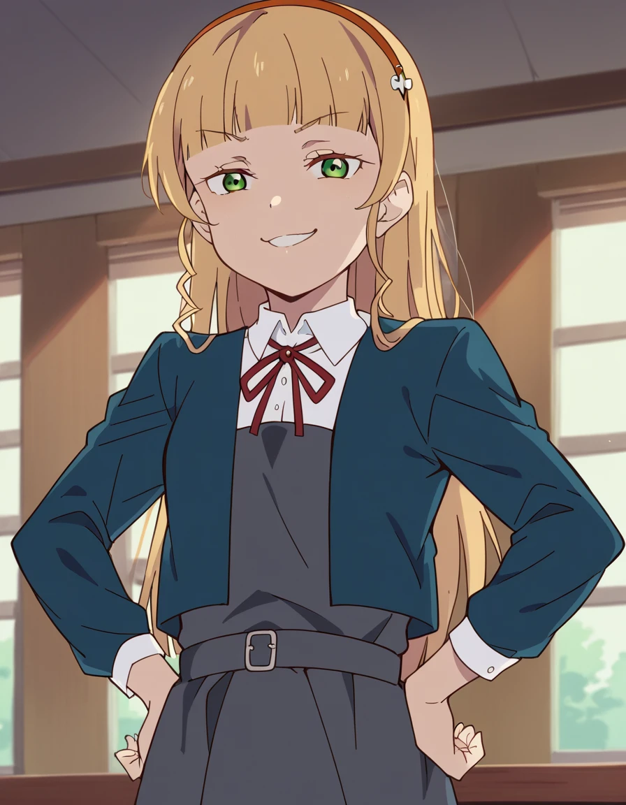 score_9, score_8_up, score_7_up, source_anime, <lora:sumire-heanna-s2-ponyxl-lora-nochekaiser:1>, sumire heanna, long hair, bangs, blonde hair, green eyes, hairband, blunt bangs, orange hairband,, shirt, dress, ribbon, school uniform, jacket, white shirt, open clothes, collared shirt, open jacket, red ribbon, neck ribbon, blue jacket, pinafore dress, grey dress, yuigaoka school uniform,, indoors, smug, smile, looking at viewer, solo, hands on hips,, cowboy shot, dutch angle