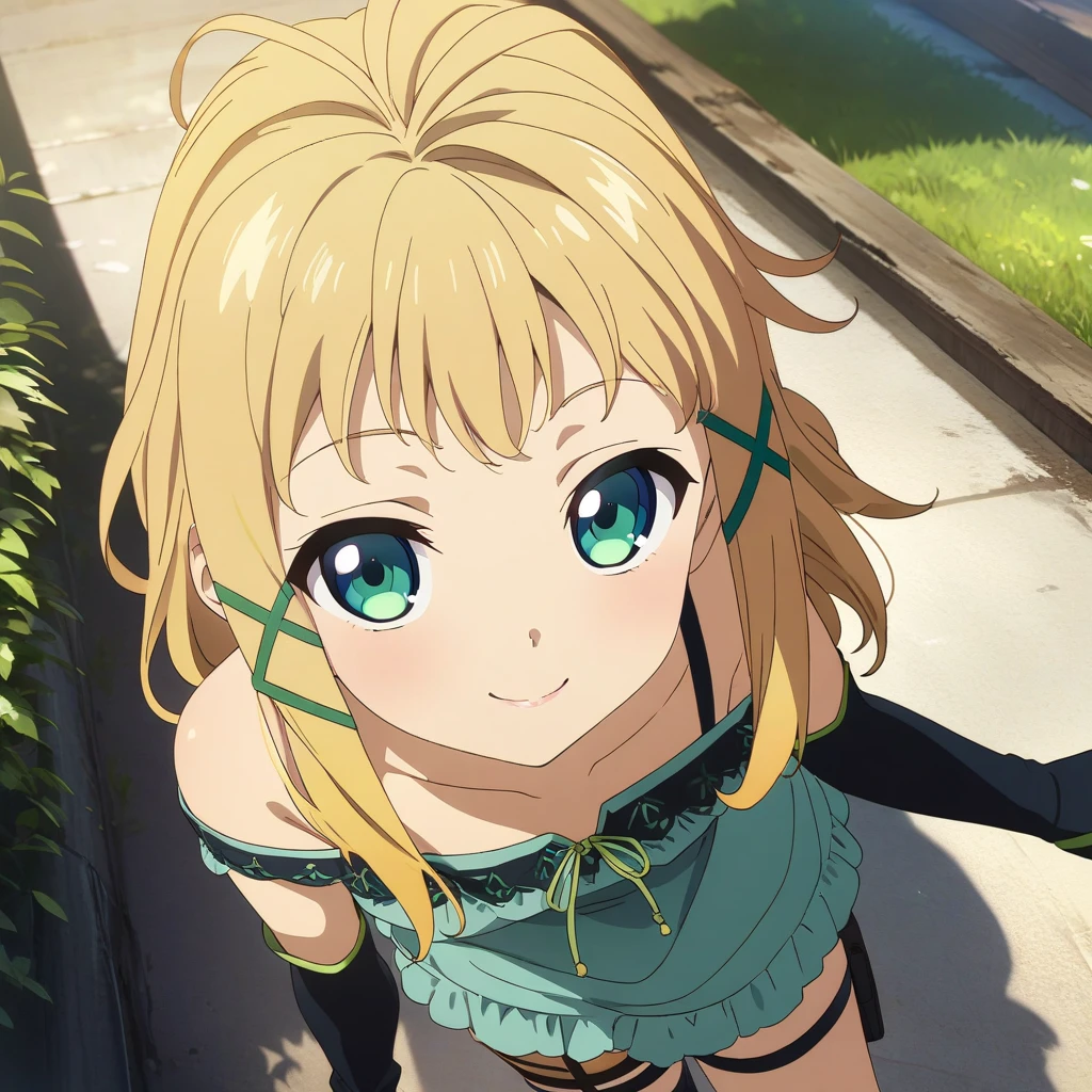 1girl solo, tina_sprout, blonde hair, green eyes, messy hair, criss cross hair ornament, flat chested, green dress, off shoulder, thigh strap, smile, closed lips, elbow gloves, anime coloring, <lora:XL-TinaSprout:1>, (masterpiece),(best quality),(ultra-detailed),(best illustration),(best shadow),(absurdres),(detailed background),(very aesthetic),