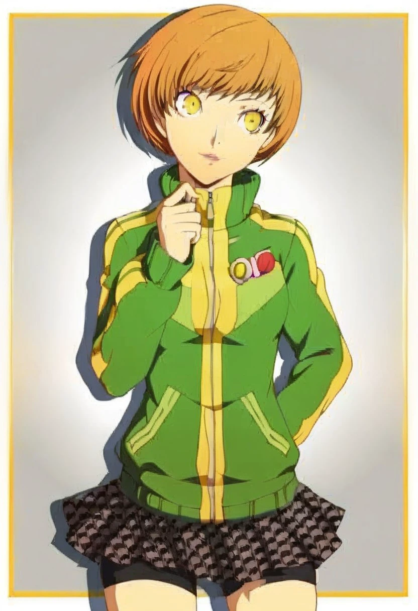 1girl, solo, short hair, skirt, brown hair, yellow eyes, glowing eyes,  jacket, pleated skirt, bike shorts, track jacket, green jacket, badge, zipper, button badge, satonaka chie, persona 4, shadow chie